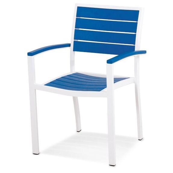 POLYWOOD Euro Aluminum Patio Dining Arm Chair - Satin White Frame and Pacific Blue Slats