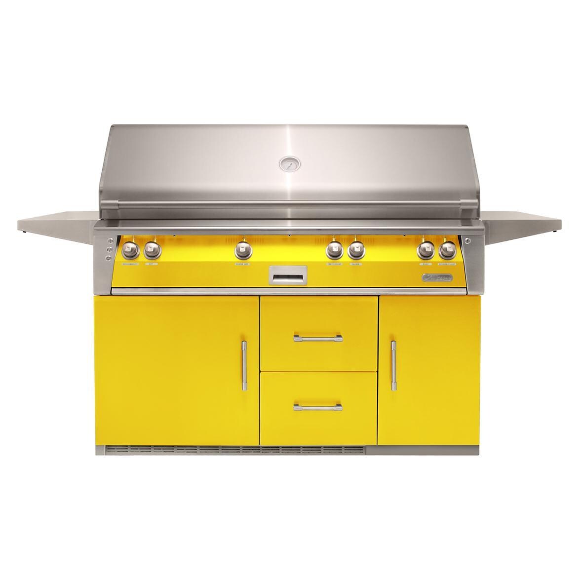Alfresco ALXE-56BFGR-LP-S1023 ALXE 56-Inch Freestanding Propane All Grill On Refrigerated Cart With Sear Zone And Rotisserie in Traffic Yellow - White Background thumbnail