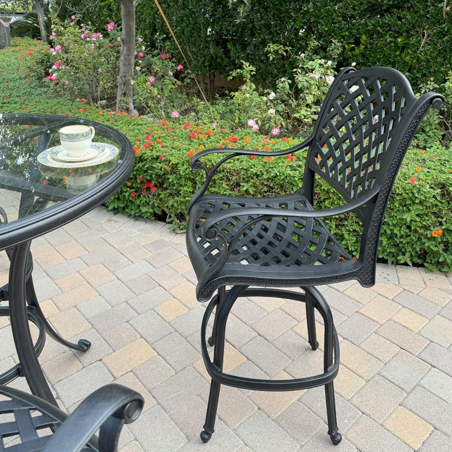 Darlee B/DL13-5PC-50F-N Nassau 5 Pc Cast Aluminum Bar Set in Antique Bronze w/ Navy Cushions - Chair Side - Lifestyle thumbnail