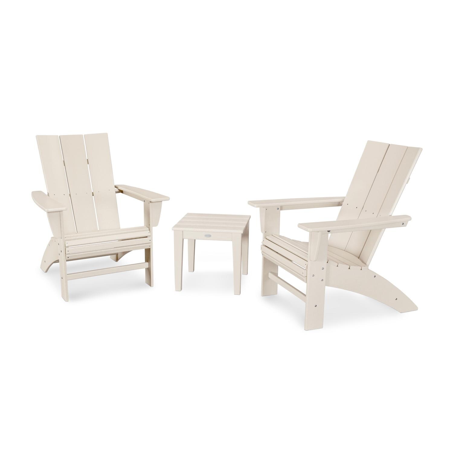 Modern Adirondack 3 Pc Recycled Plastic Seating Set w/ Curveback Chairs in Sand by POLYWOOD