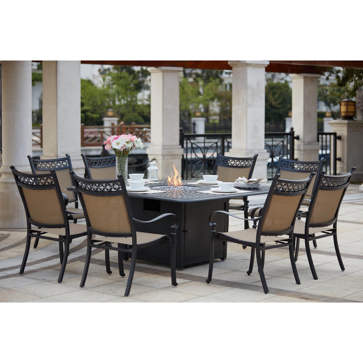 Darlee 201610-9PC-60GW Mountain View 9 Piece Cast Aluminum Sling Patio Fire Pit Dining Set W/ 64 Inch Square Table - Lifestyle thumbnail