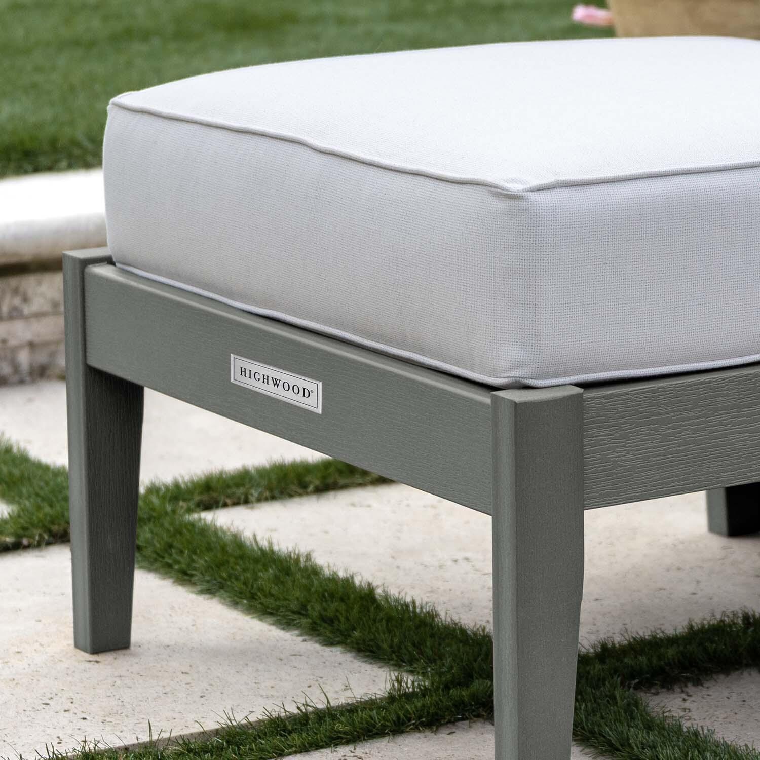 Blushing Bay Recycled Plastic Ottoman in Bliss Linen/Coastal Teak by Lakeview Outdoor Designs - Close Up - Lifestyle thumbnail