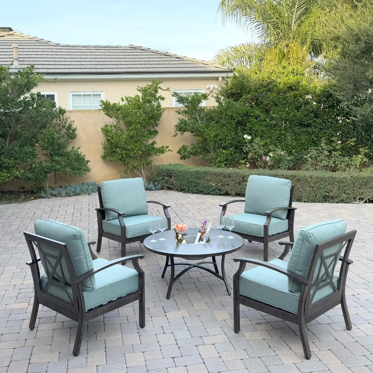 Atlantis 5 Pc Aluminum Seating Set w/ 4 Club Chairs & Ice Bucket in Walnut/Spa by Darlee - Hero - Lifestyle thumbnail