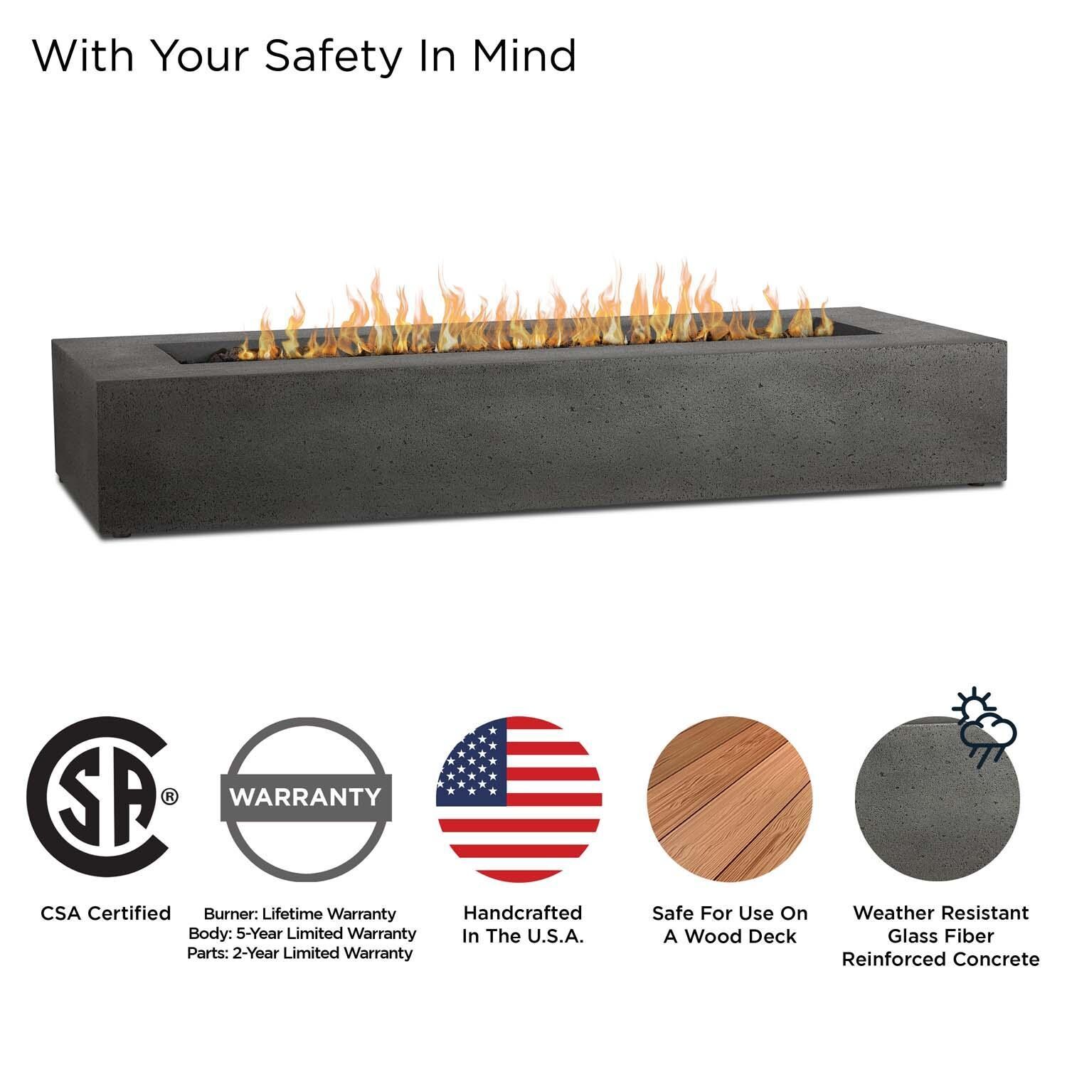 Hillview Bay 72 Inch Rectangular Glass Fiber Reinforced Concrete Propane Fire Pit Table in Carbon by BBQGuys Signature - Safety thumbnail