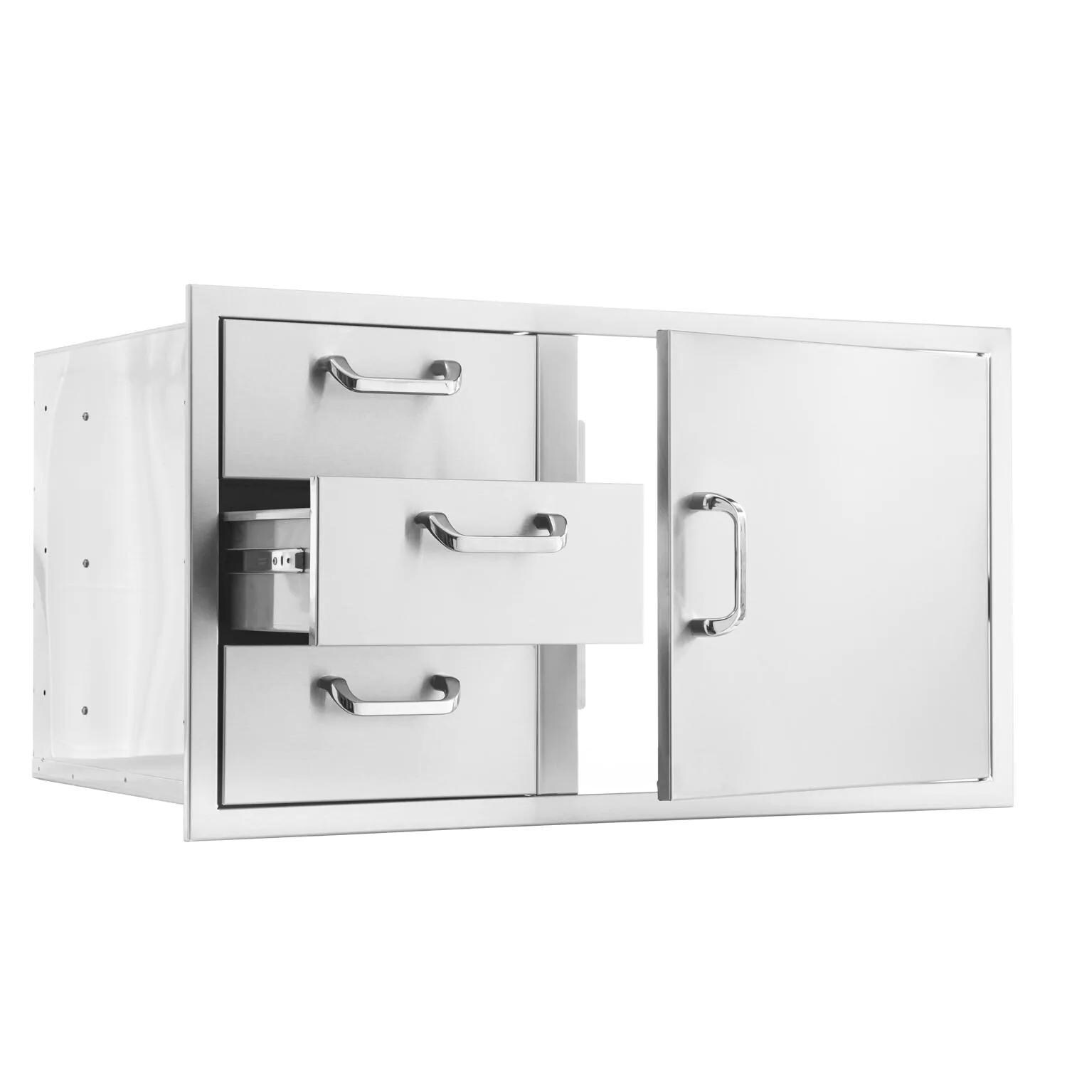 BBQGuys Signature BBQ-260-DDC-39 Traditional 39-Inch Stainless Steel Reversible Access Door & Triple Drawer Combo - Drawer and Door Open thumbnail
