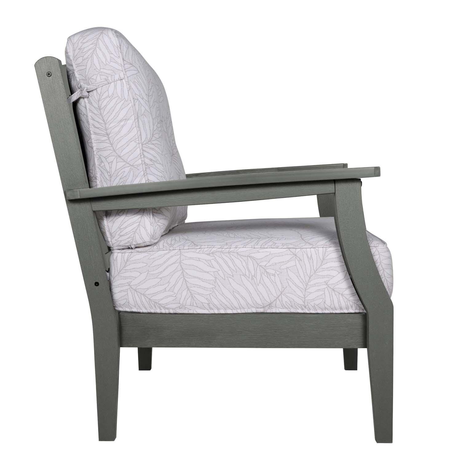 Blushing Bay Recycled Plastic Club Chair in Lively Parchment/Coastal Teak by Lakeview Outdoor Designs - Side View - White Background thumbnail