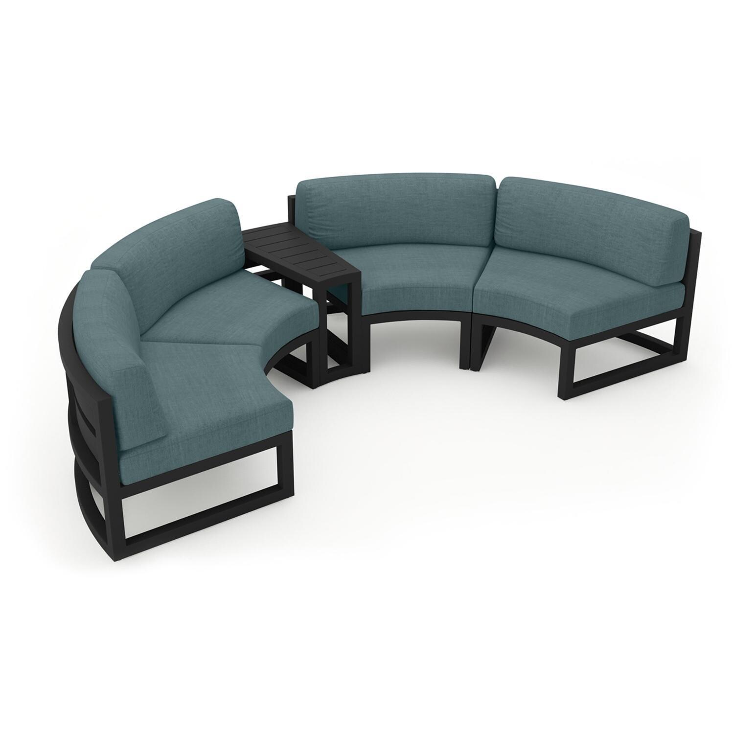 Lakeview MSTYCV-BK-3CSEC-CL Misty Cove 3 Pc Aluminum Curve Sectional Set in Black w/Wedge End Table & Cast Lagoon Cushions by Lakeview Outdoor Designs - Set Angled View - White Background thumbnail