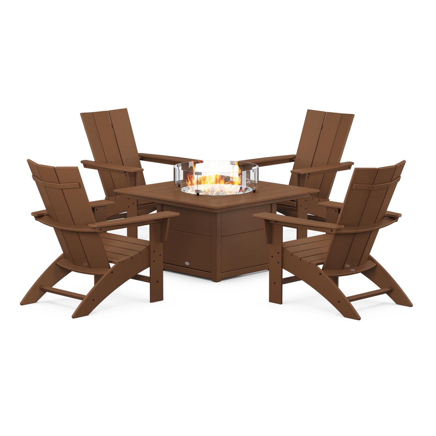 POLYWOOD Modern Teak 5-Piece Curveback Adirondack Conversation Set w/ Fire Pit Table thumbnail