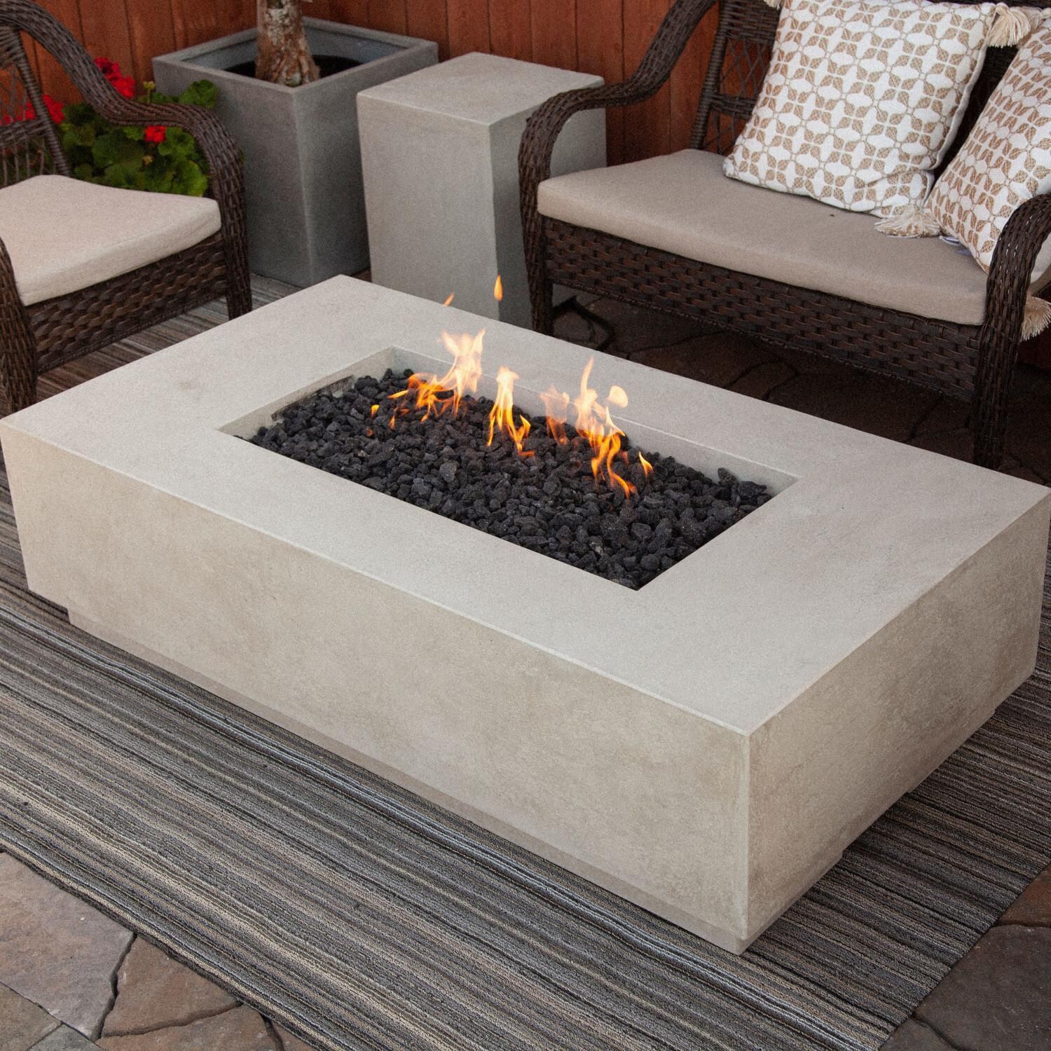 Prism Hardscapes SCPH-473-3LP Tavola 8 60-Inch Propane Gas Rectangular Fire Pit Table - On the Patio (Shown in Natural) - Lifestyle thumbnail