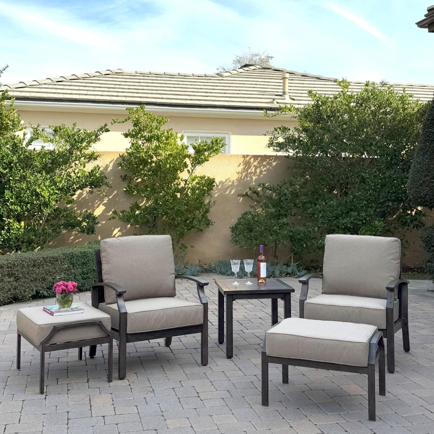 Atlantis 5 Pc Aluminum Seating Set w/ 2 Club Chairs & 2 Ottomans in Walnut/Beige by Darlee