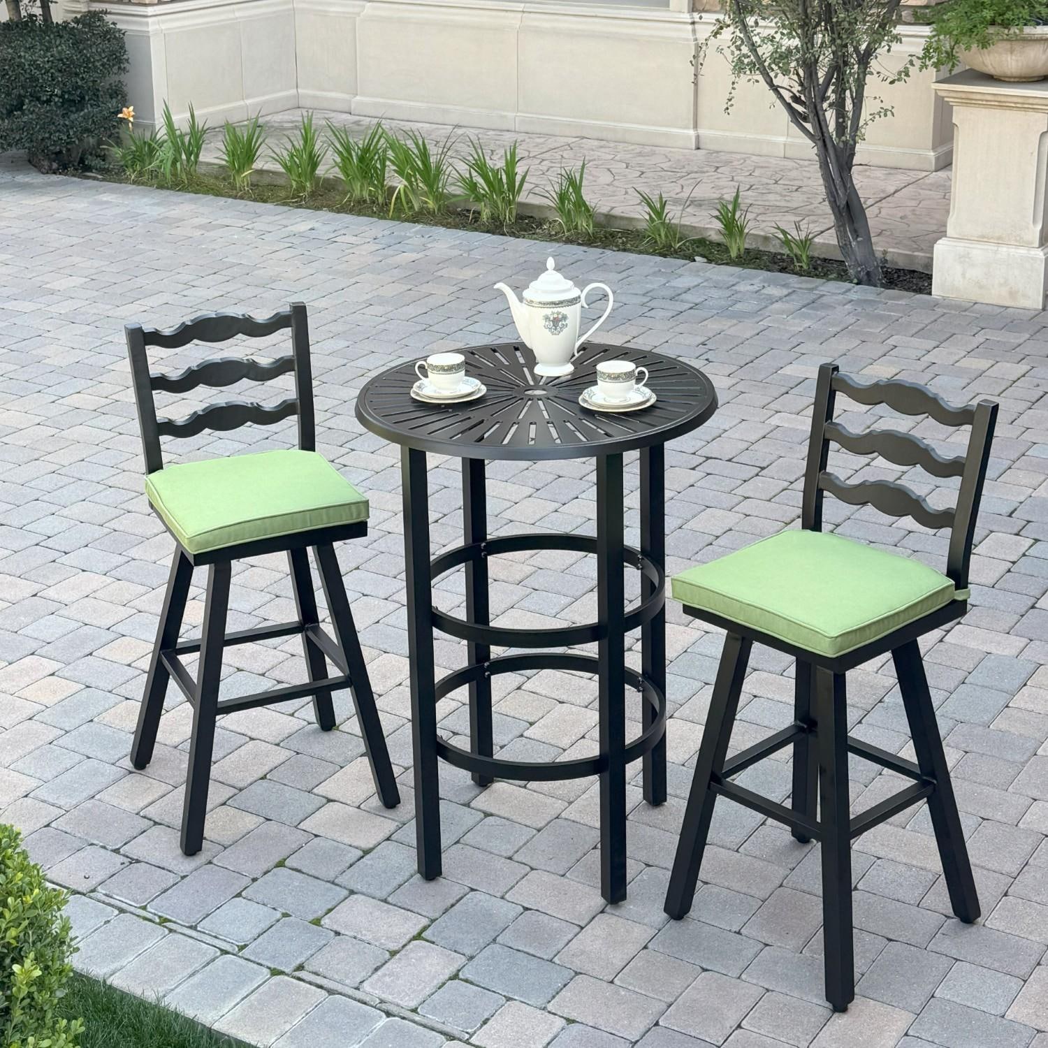 Aspen 2 Pc Aluminum Swivel Bar Height Bar Stool Set in Green/Dark Brown by Darlee - Shown w/ Side Table (Not Included) - Lifestyle thumbnail