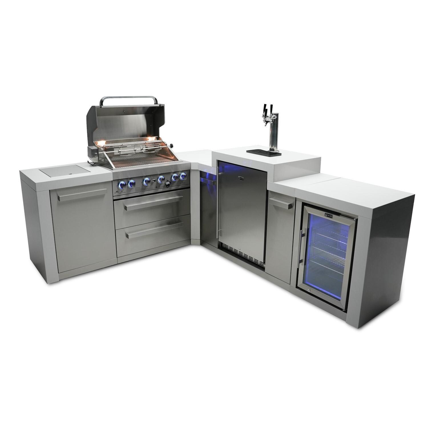 Mont Alpi MAi400-D90KEGFC 400 Deluxe Propane Island W/ 90 Degree Corner, Kegerator & Fridge Cabinet - Hood Open - White Background thumbnail