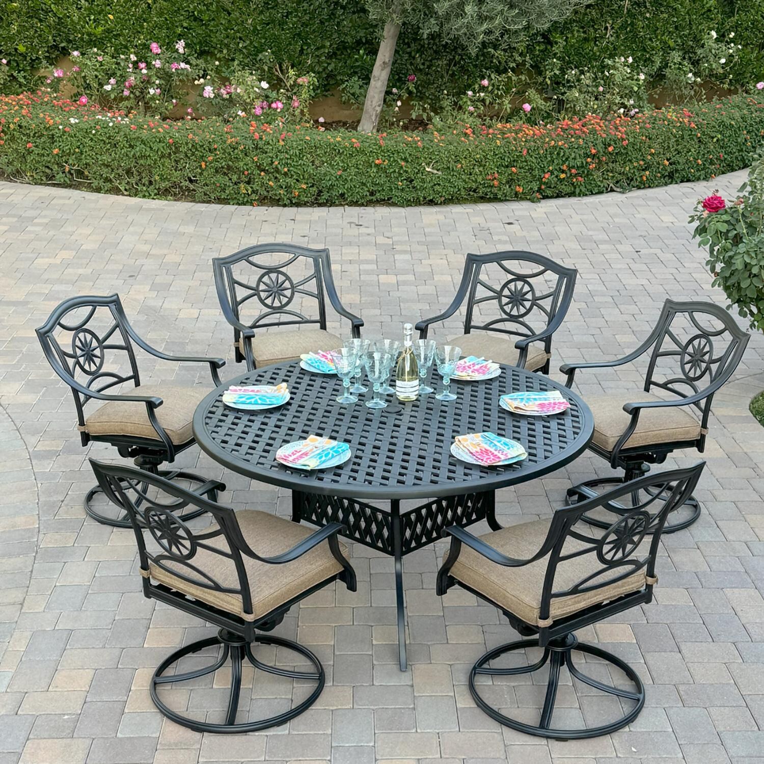 Darlee B/DL503-7PCAR-30D Ten Star 7 Pc Cast Aluminum Dining Set w/ Swivel Rocker Chairs in Antique Bronze - Set - Lifestyle thumbnail