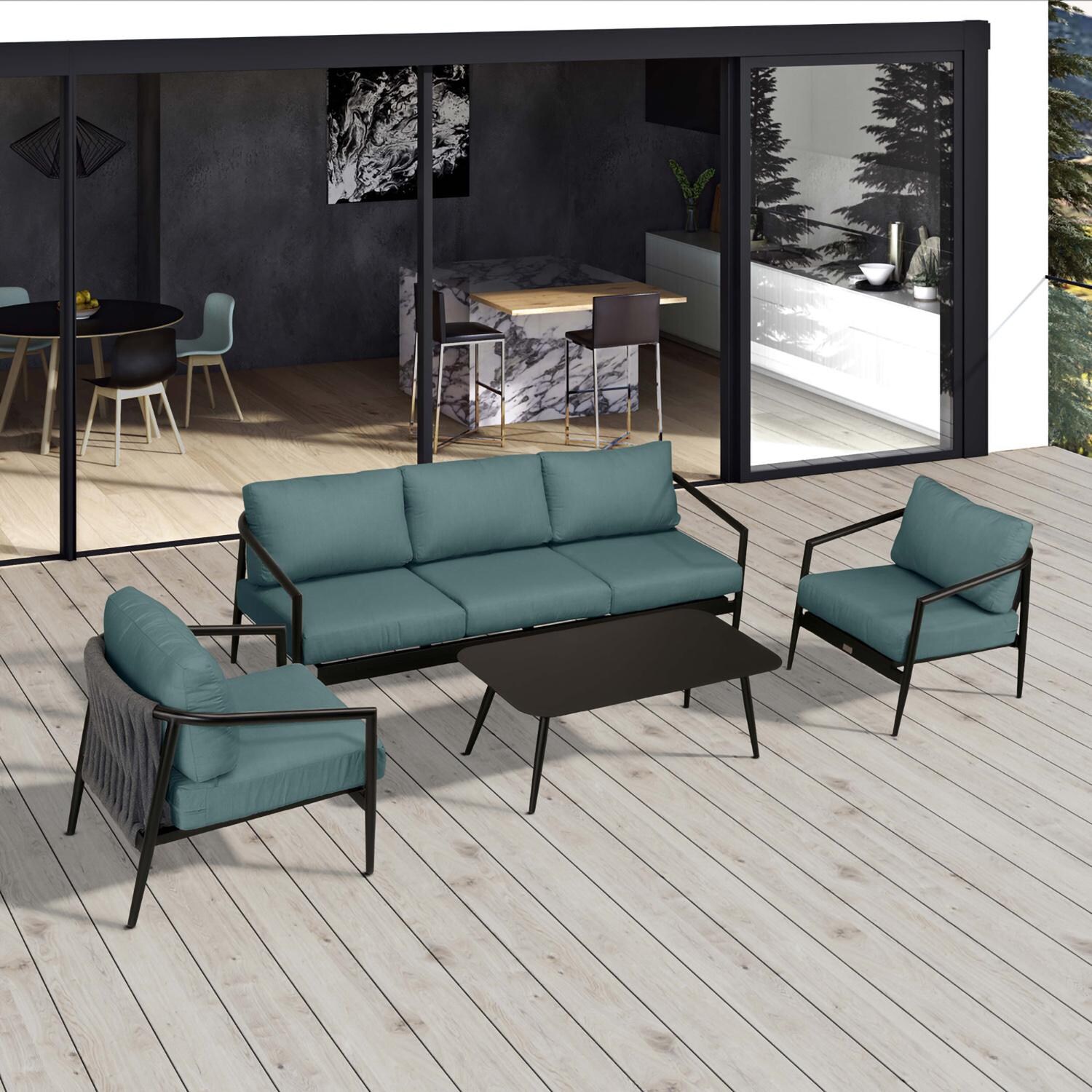 Lakeview Midnight Cove 4 Pc Aluminum Sofa Seating Set in Black/Carbon/Cast Lagoon - Top - Lifestyle thumbnail