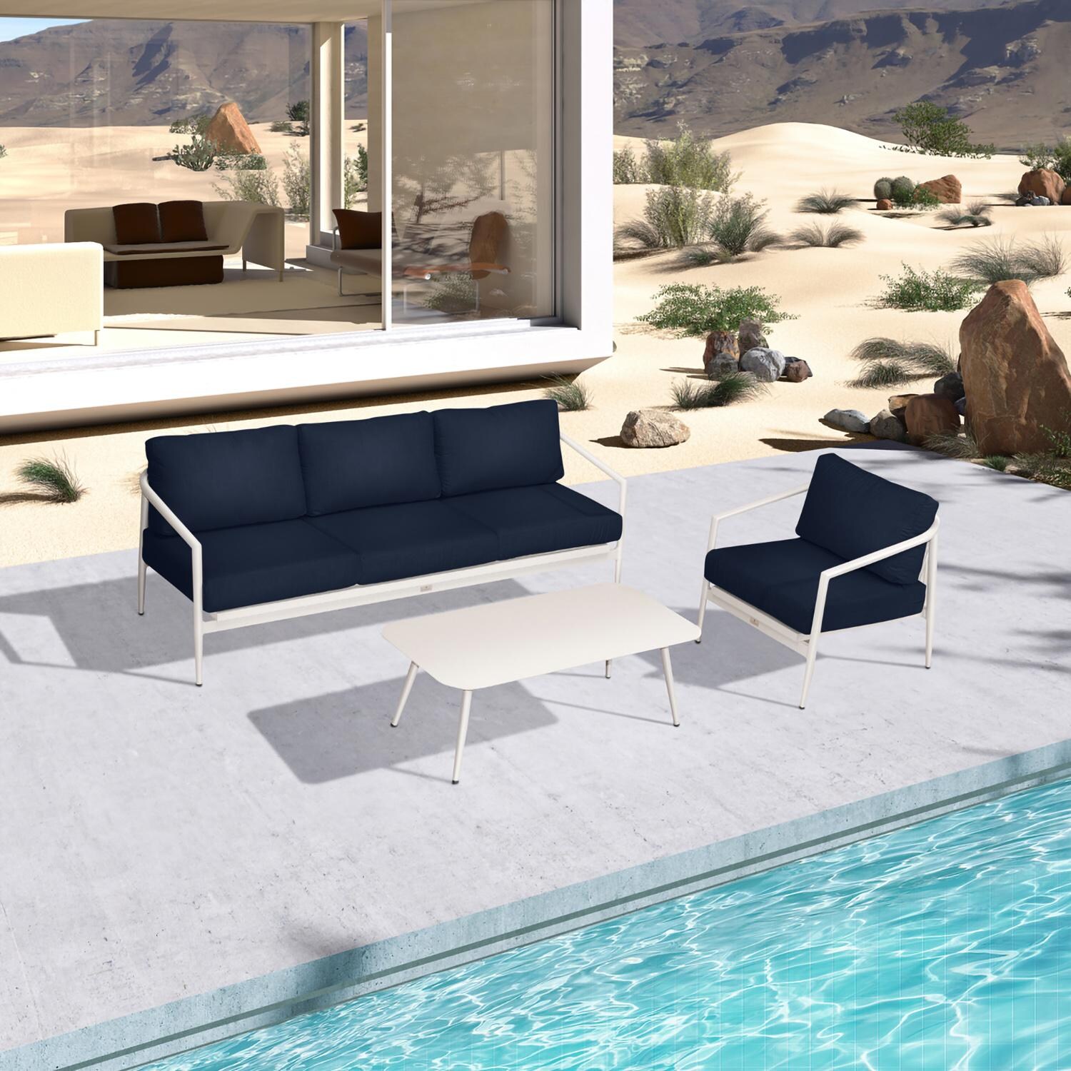 Lakeview Midnight Cove 3 Pc Aluminum Sofa Seating Set in Urban Stone/Carrera/Spectrum Indigo - Top - Lifestyle thumbnail