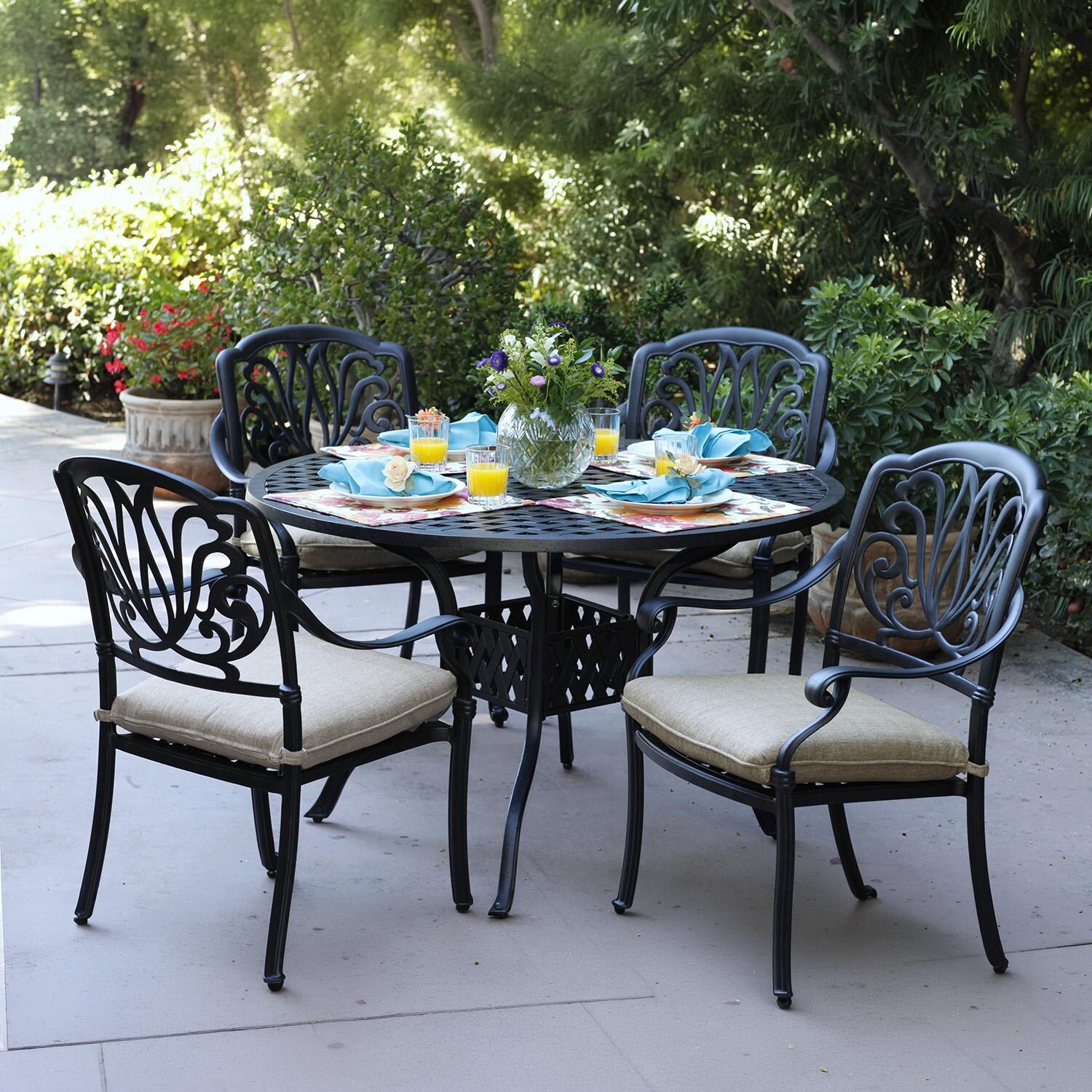 Elisabeth 5 Pc Cast Aluminum Dining Set w/ 48 Inch Series 30 Table in Antique Bronze/Beige by Darlee
