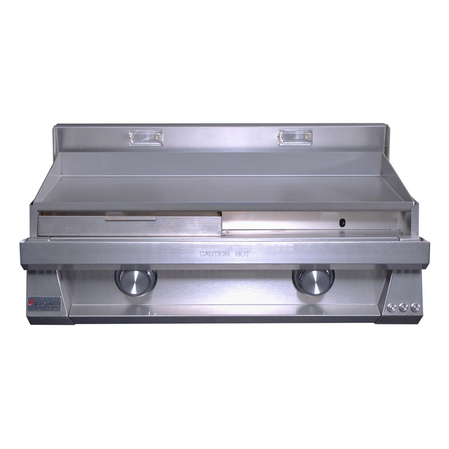 Le Griddle OML75P3 LP Pro Series 75 2 Burner Built-In Propane Flat Top Grill w/ 3mm Plate - Right Grease Disposal Slide Out Tray Removed - White Background thumbnail