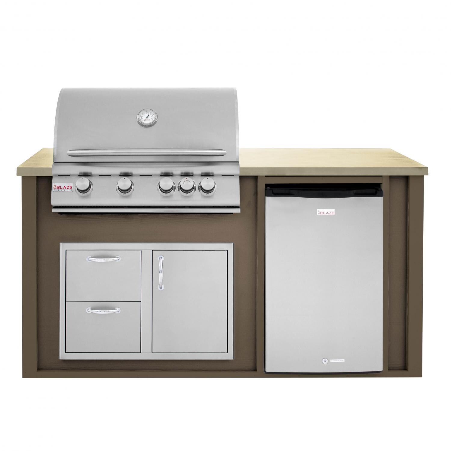 BBQGuys 6 Ft BBQ Island With Blaze 32-Inch Natural Gas Grill, Door/Drawer Combo & Compact Refrigerator - Brown/Buff - BLZDDC4.5NG-6VP4HBAB