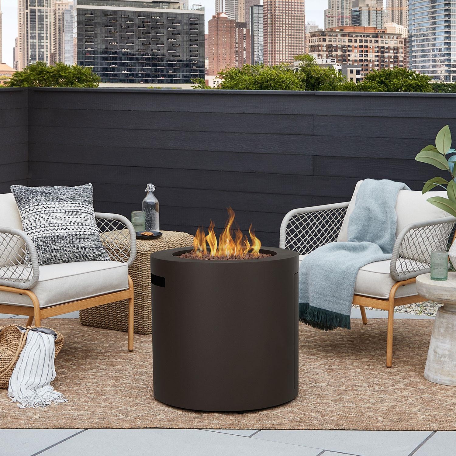 Elysian 24-in Round Steel Propane Fire Pit Table w/ Hidden Tank in Dark Bronze by Lakeview Outdoor Designs - City Back Patio - Lifestyle thumbnail