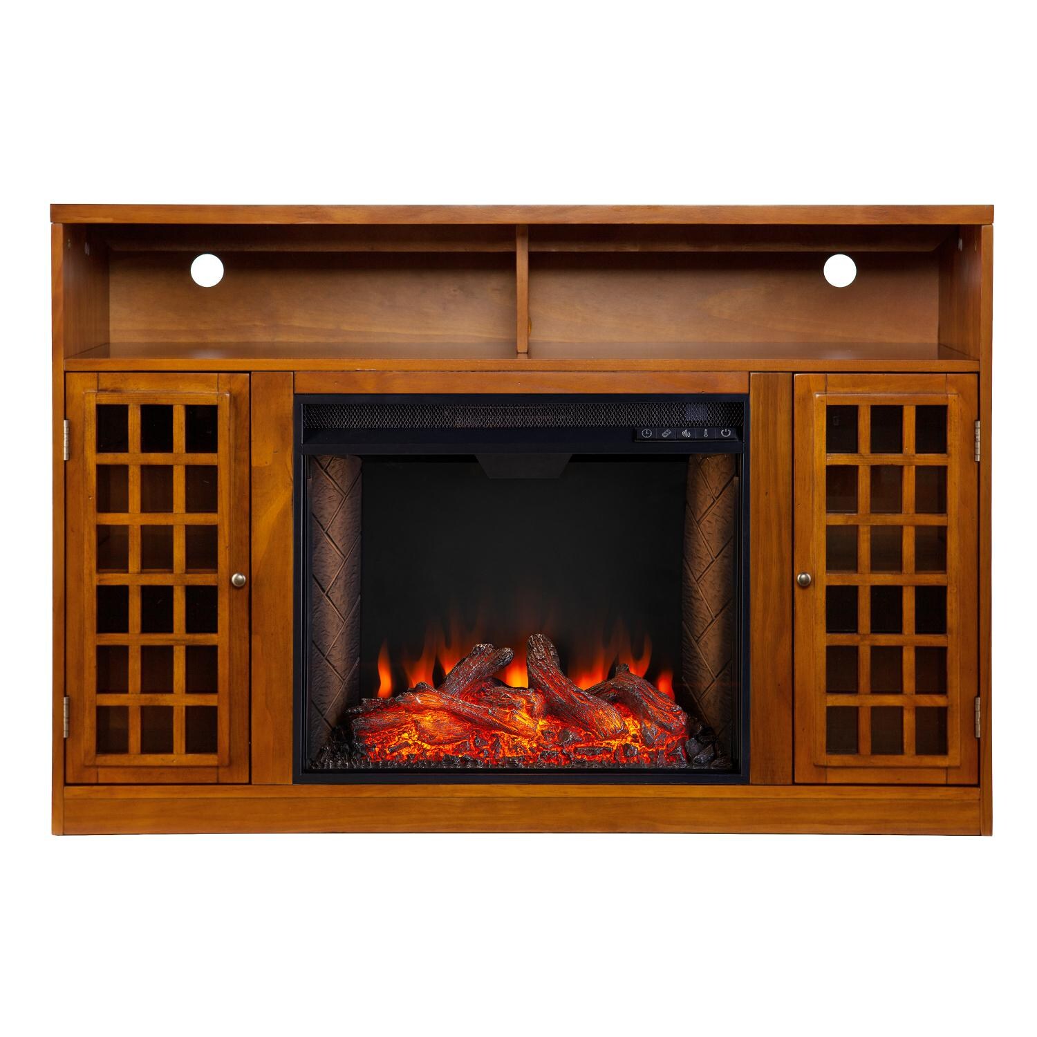 Southern Enterprises FS9302 Narita 48-Inch Electric Fireplace Media Console W/ Alexa-Enabled Smart Firebox - Glazed Pine - Front View thumbnail