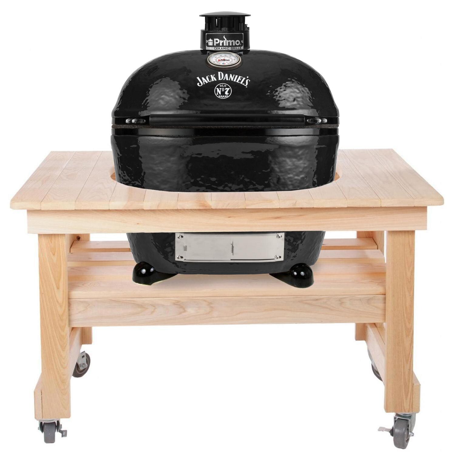 Primo Jack Daniels Edition Oval XL 400 Ceramic Kamado Grill On Compact Cypress Table With Stainless Steel Grates - PGCXLHJ (2021) image