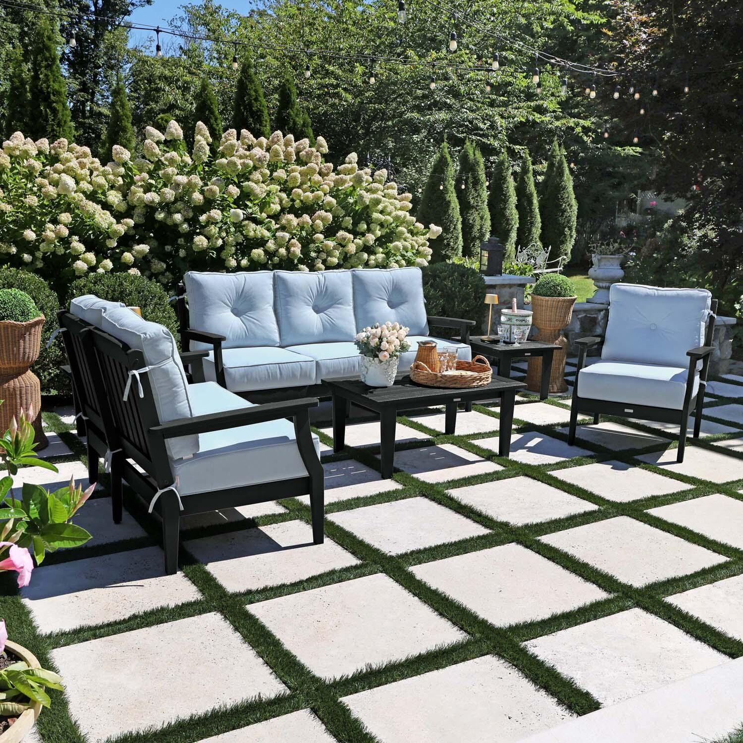 Blushing Bay 6 Pc Recycled Plastic Grand Seating Set in Bliss Dew/Black by Lakeview Outdoor Designs - Left Angled - Lifestyle thumbnail