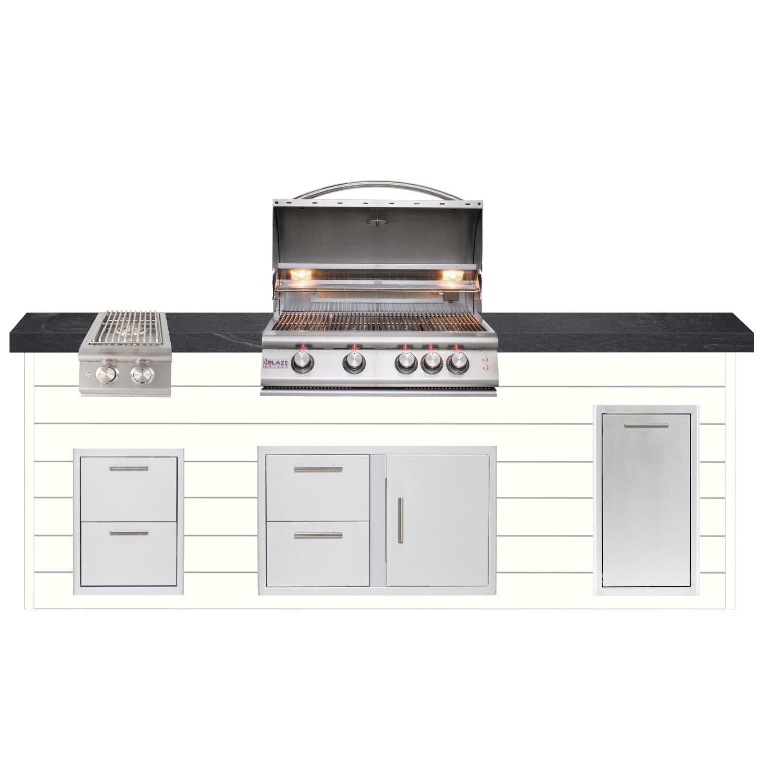 BBQGuys Signature 8ft Luxury Outdoor Island W/ Blaze Premium LTE 32-Inch Propane Grill & Double Side Burner - Canvas White Steel W/ Black Polished Granite thumbnail