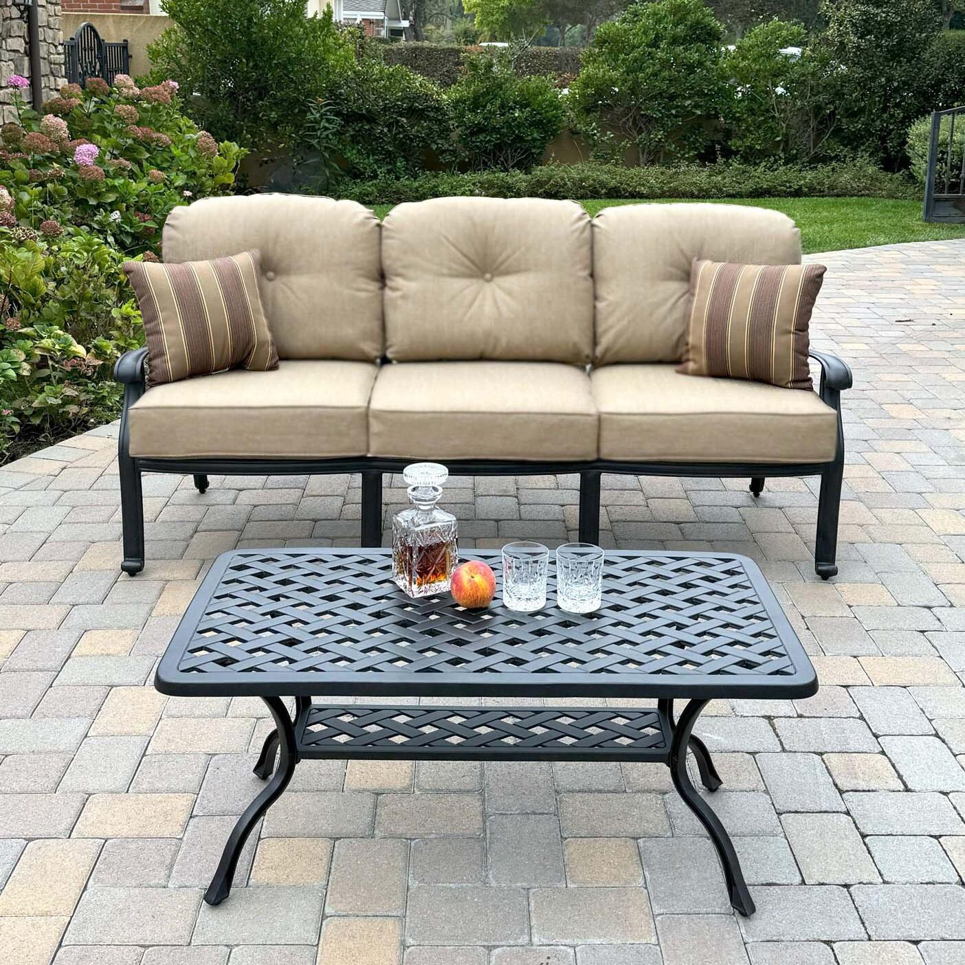 Darlee Elisabeth 5 Pc Cast Aluminum Seating Set w/ Series 30 Coffee Table & End Table in Antique Bronze/Beige Canvas - Sofa & Table - Lifestyle thumbnail