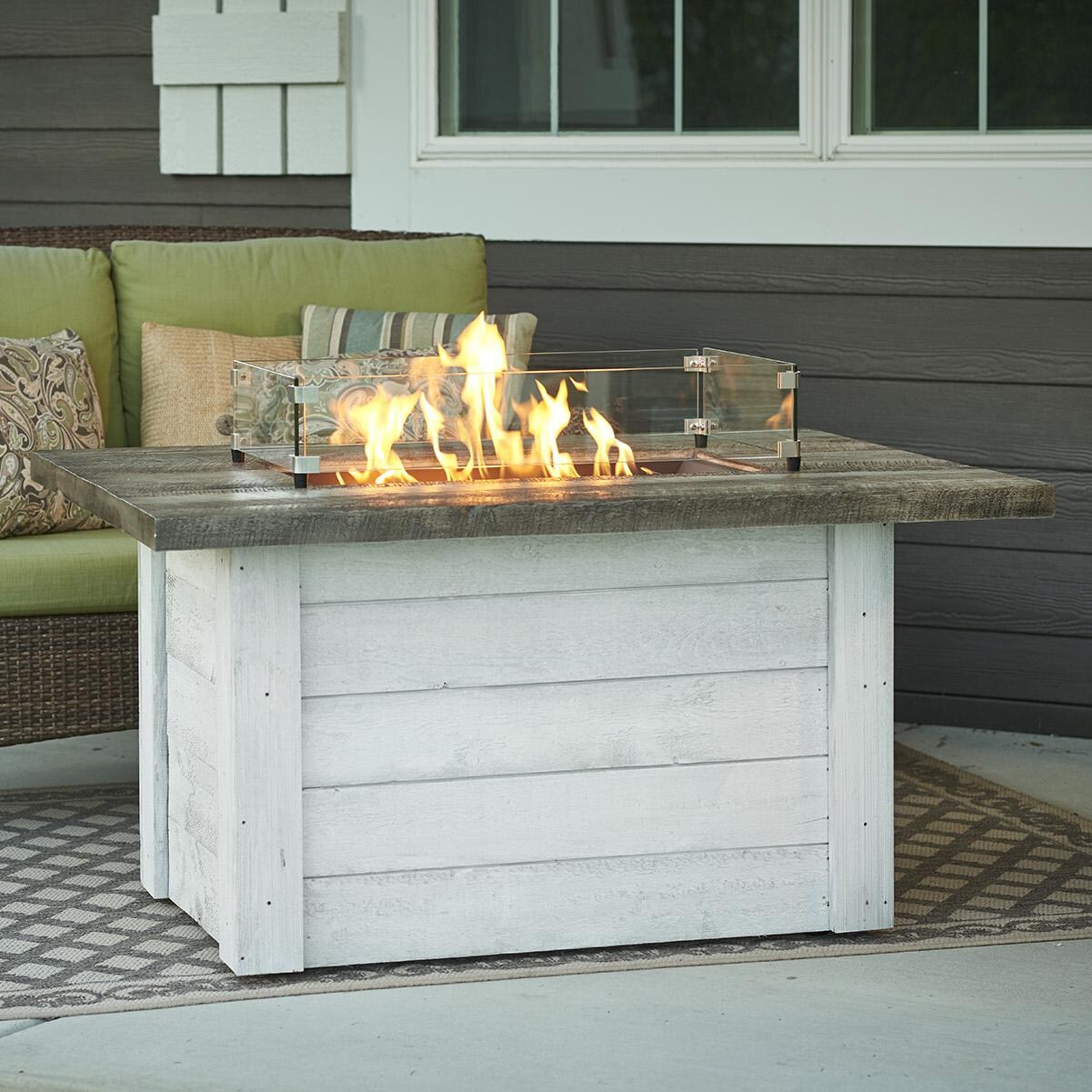 The Outdoor GreatRoom Company Alcott Rectangular Gas Fire Pit Table - Lifestyle - Glass wind guard pictures is optional accessory thumbnail