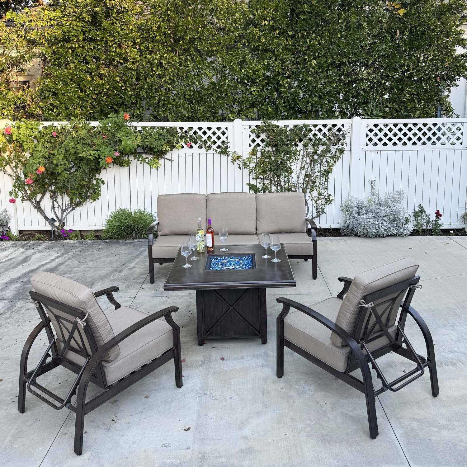 Atlantis 4 Pc Aluminum Seating Set w/ Square Fire Pit Chat Table in Walnut/Beige by Darlee - Lifestyle thumbnail