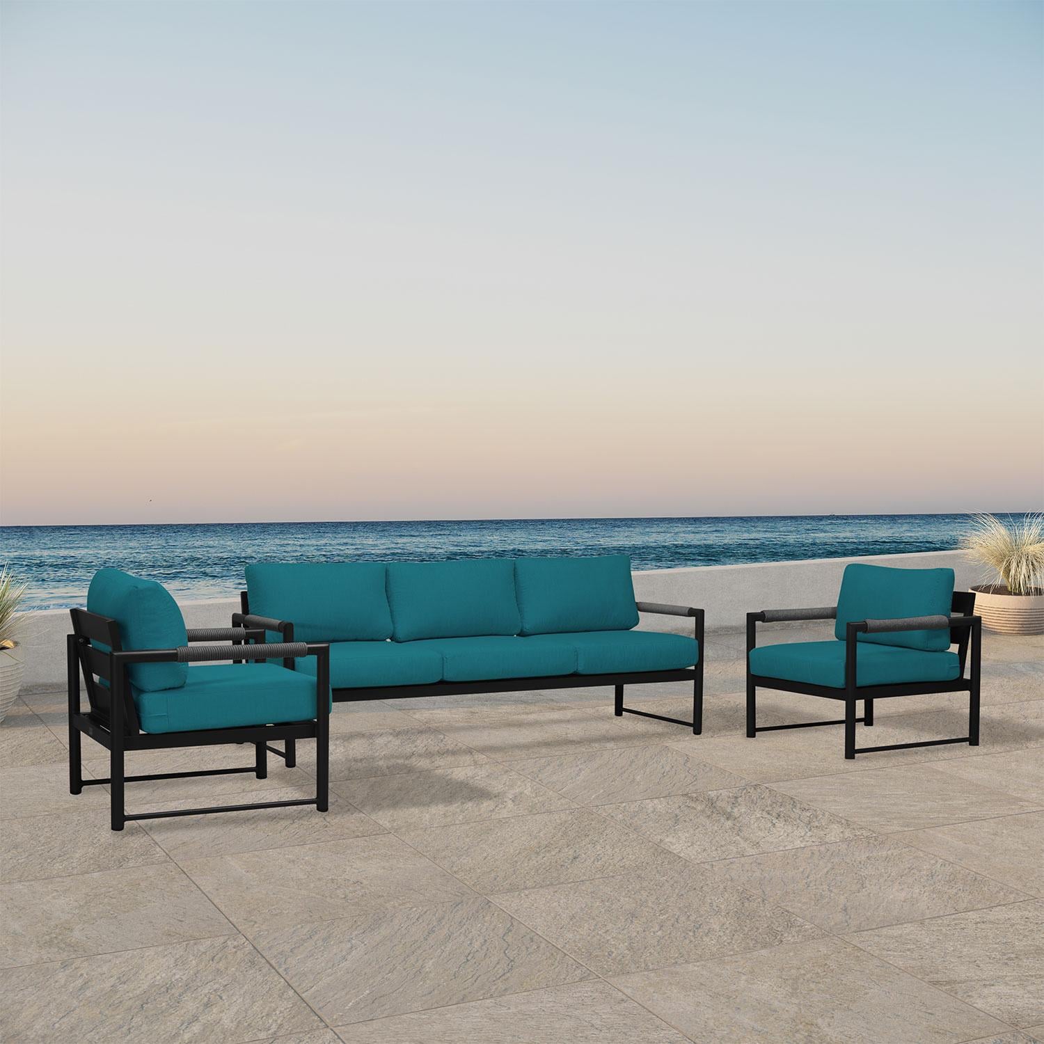 Lakeview AVEBAY-BK-CO-SET141-PC Avenue Bay Black/Carbon 3 Pc Sofa Club Chair Set - Spectrum Peacock - Angled On Patio - Lifestyle thumbnail