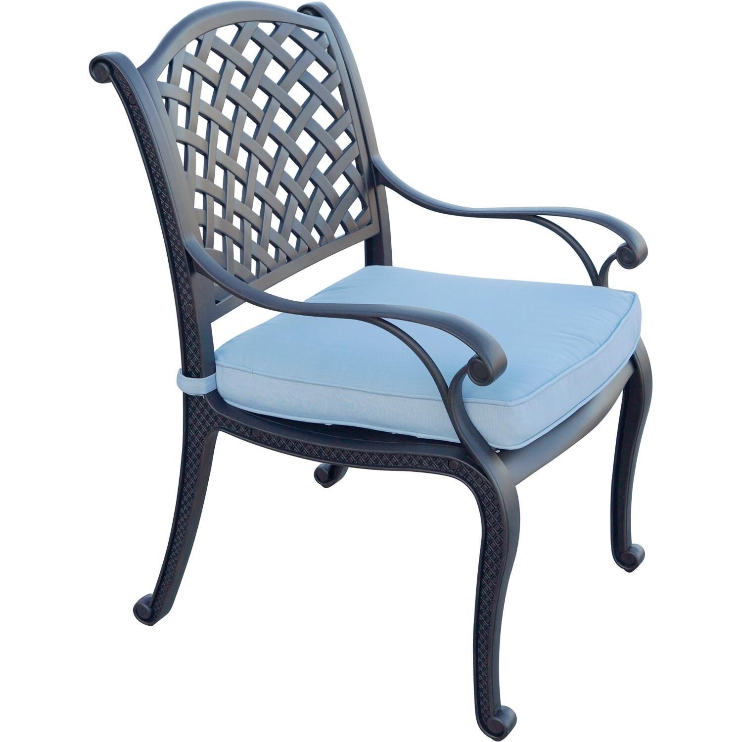 Darlee Nassau 10-Piece Patio Dining Set (with Swivel Rockers) with Sky Blue Cushions and 64 Inch Square Dining Table and Lazy Susan - Dining Chair W/ Cushion - White Background thumbnail