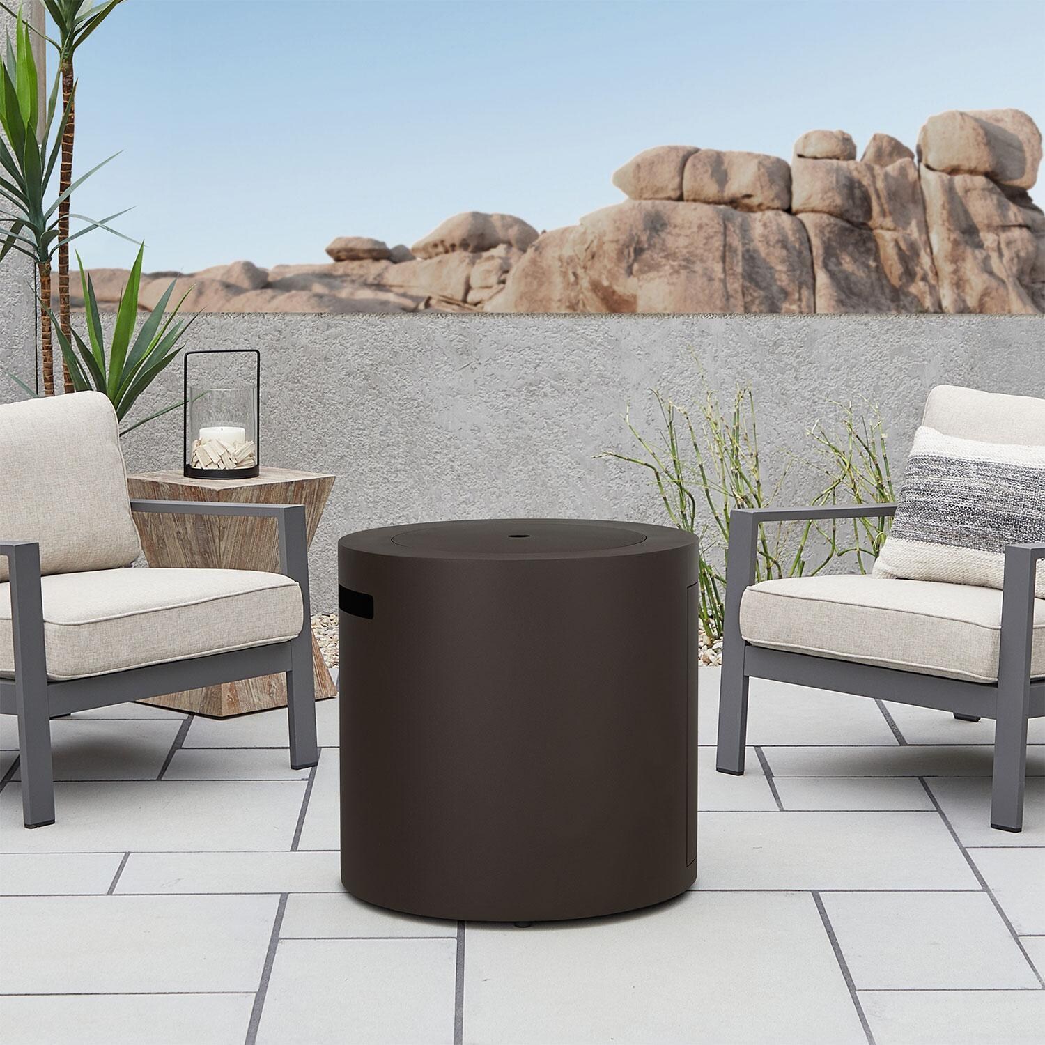 Elysian 24-in Round Steel Propane Fire Pit Table w/ Hidden Tank in Dark Bronze by Lakeview Outdoor Designs - Lid On - Lifestyle thumbnail