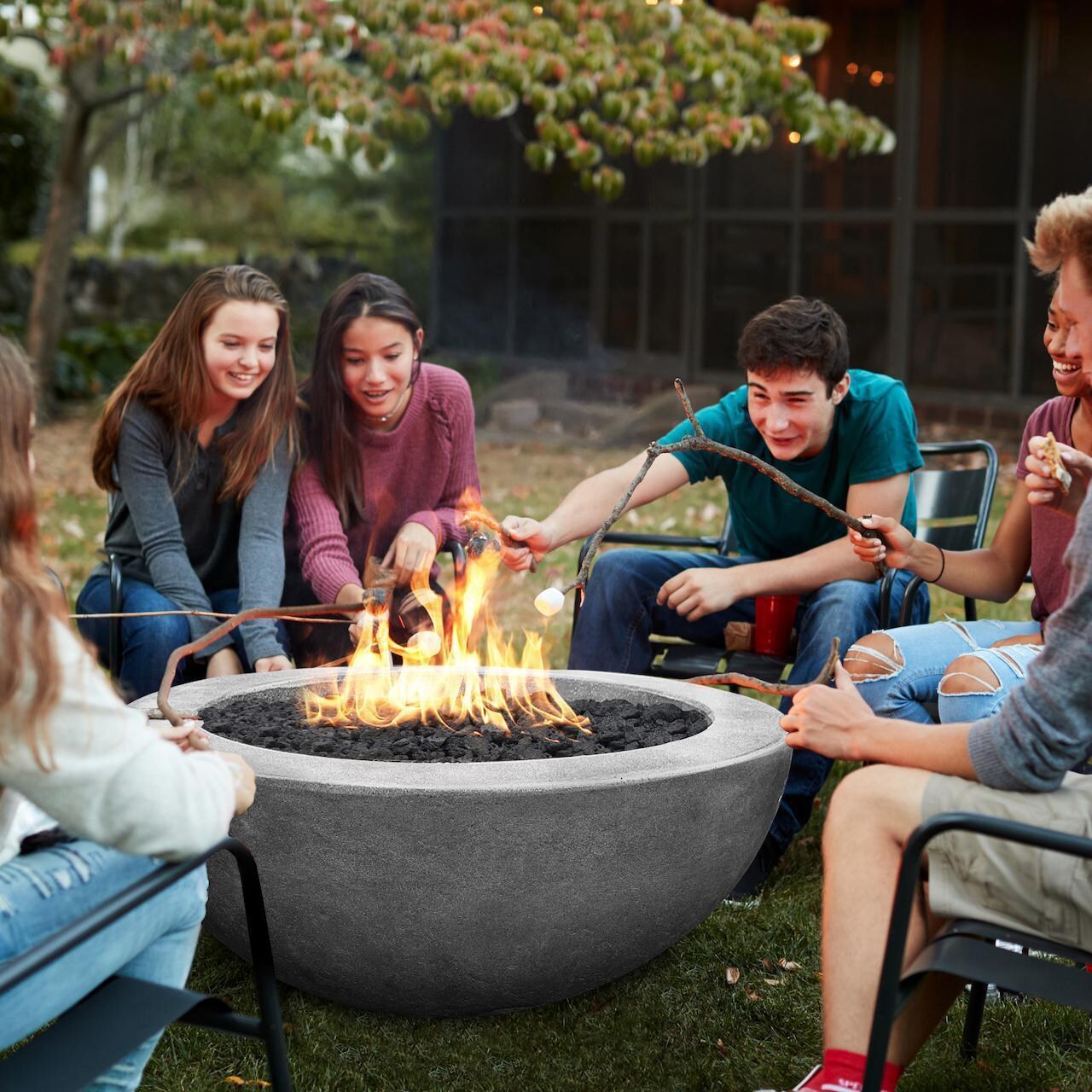 Moderno 8 39-in Round Glass Fiber Reinforced Concrete Natural Gas Fire Bowl in Pewter by Prism Hardscapes - Conversating and Smores Around Fire - Lifestyle thumbnail