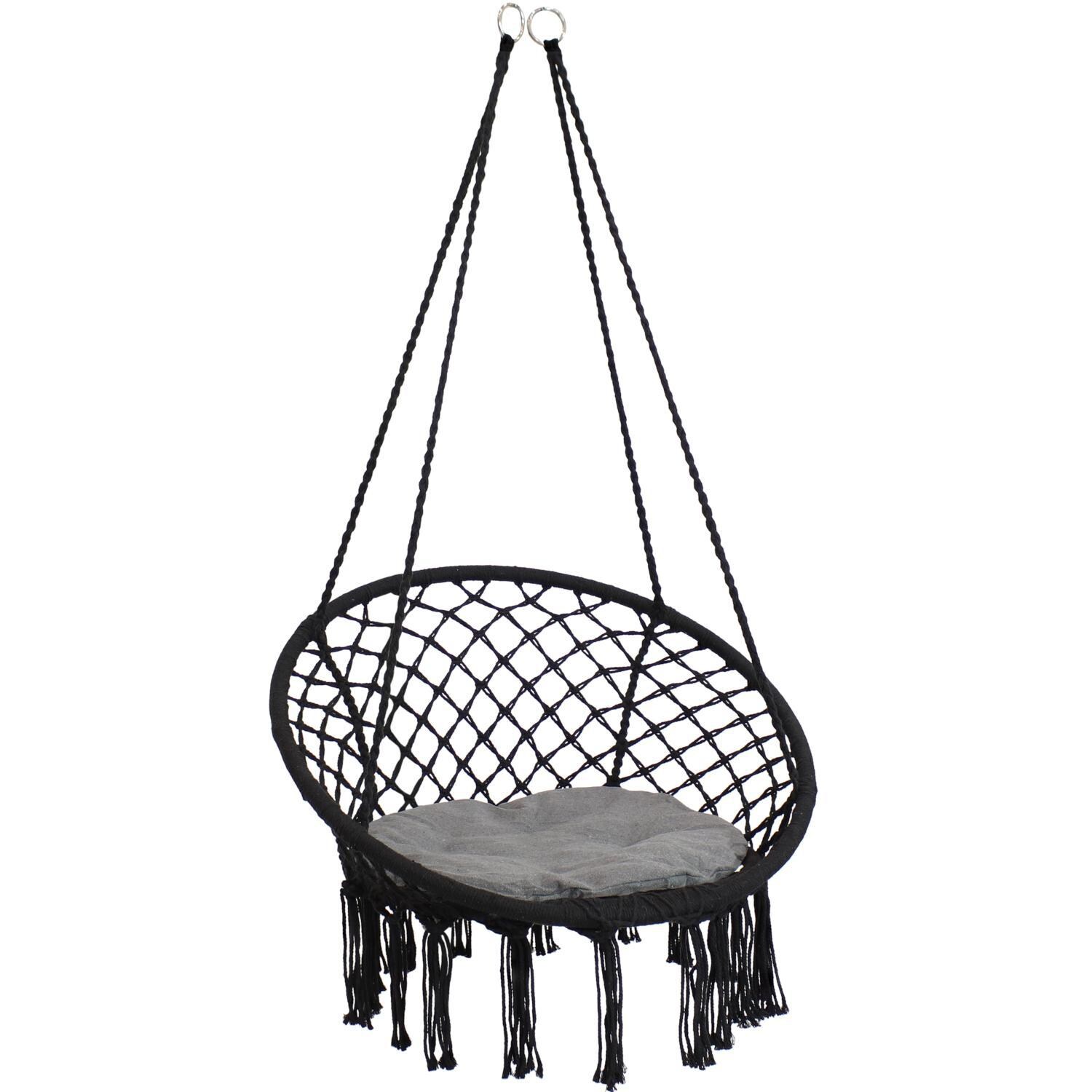 Ultimate Patio Macrame Hammock Chair w/ Tassels & Cushion - Black/Gray