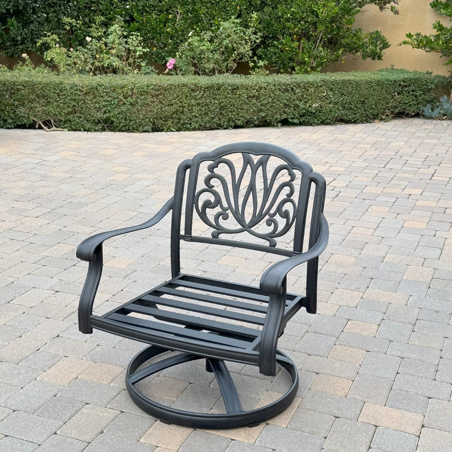 Elisabeth 4 Pc Set Cast Aluminum Seating Set w/ 49 X 35 Inch Propane Fire Pit Table w/ Swivel Chairs in Sesame/Antique Bronze by Darlee - Swivel Chair w/o Cushion - Lifestyle thumbnail