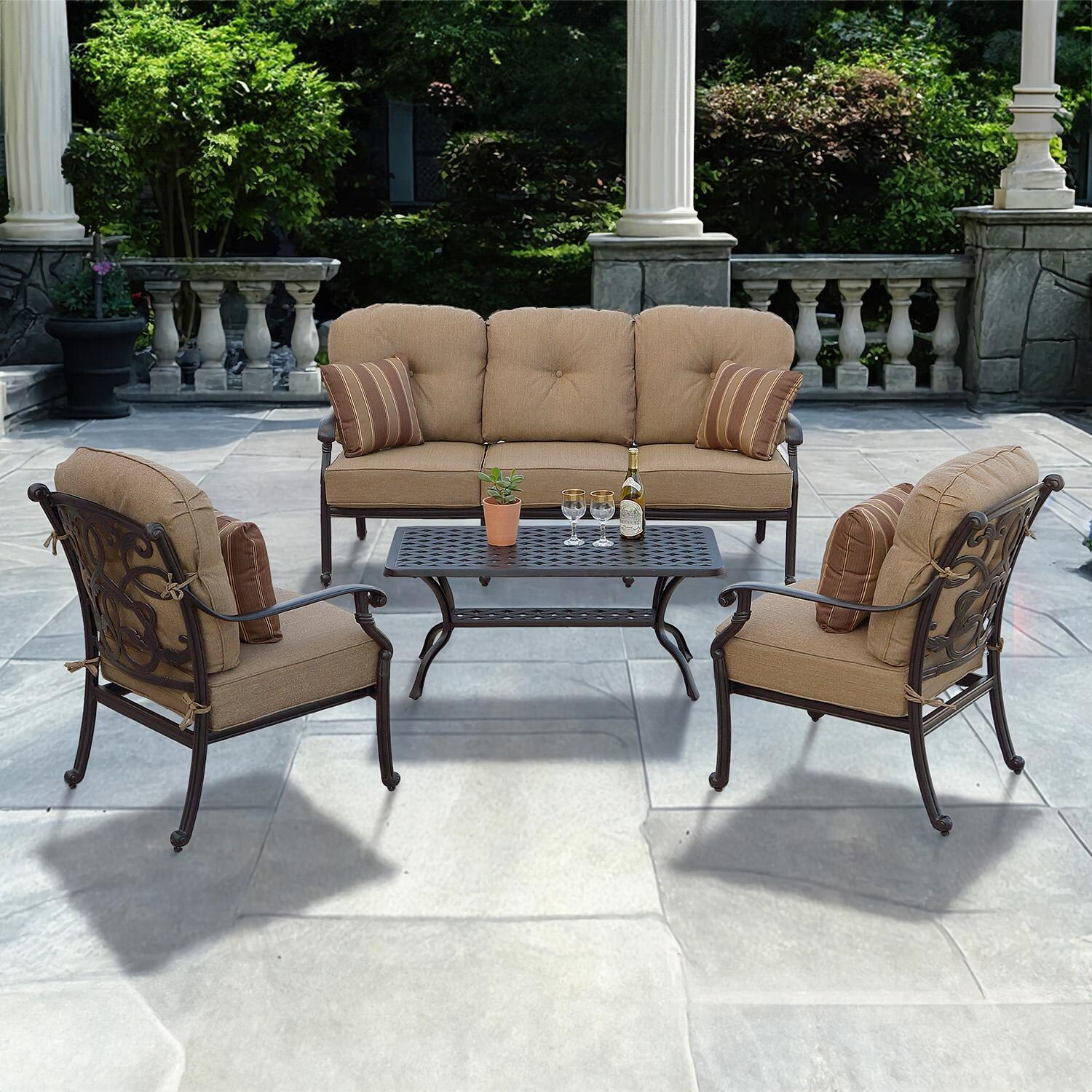 Darlee Santa Monica 4-Piece Patio Sofa Conversation Set with Cushions and Series 30 21 X 42 Inch Rectangular Coffee Table - Set - Lifestyle thumbnail