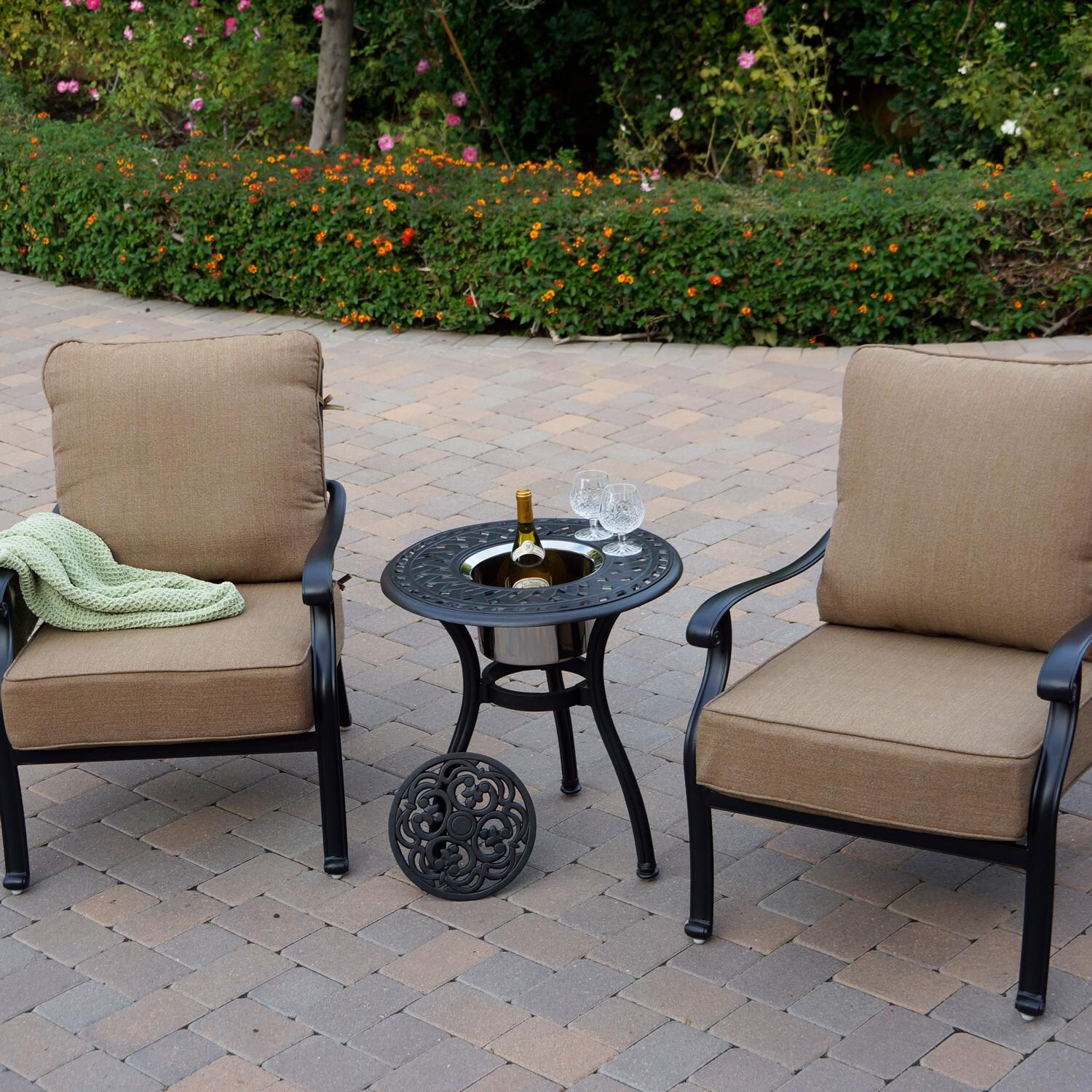 Darlee Capri 3 Piece Cast Aluminum Patio Conversation Set W/ 24-Inch Round Ice Bucket End Table & Sesame Cushions thumbnail