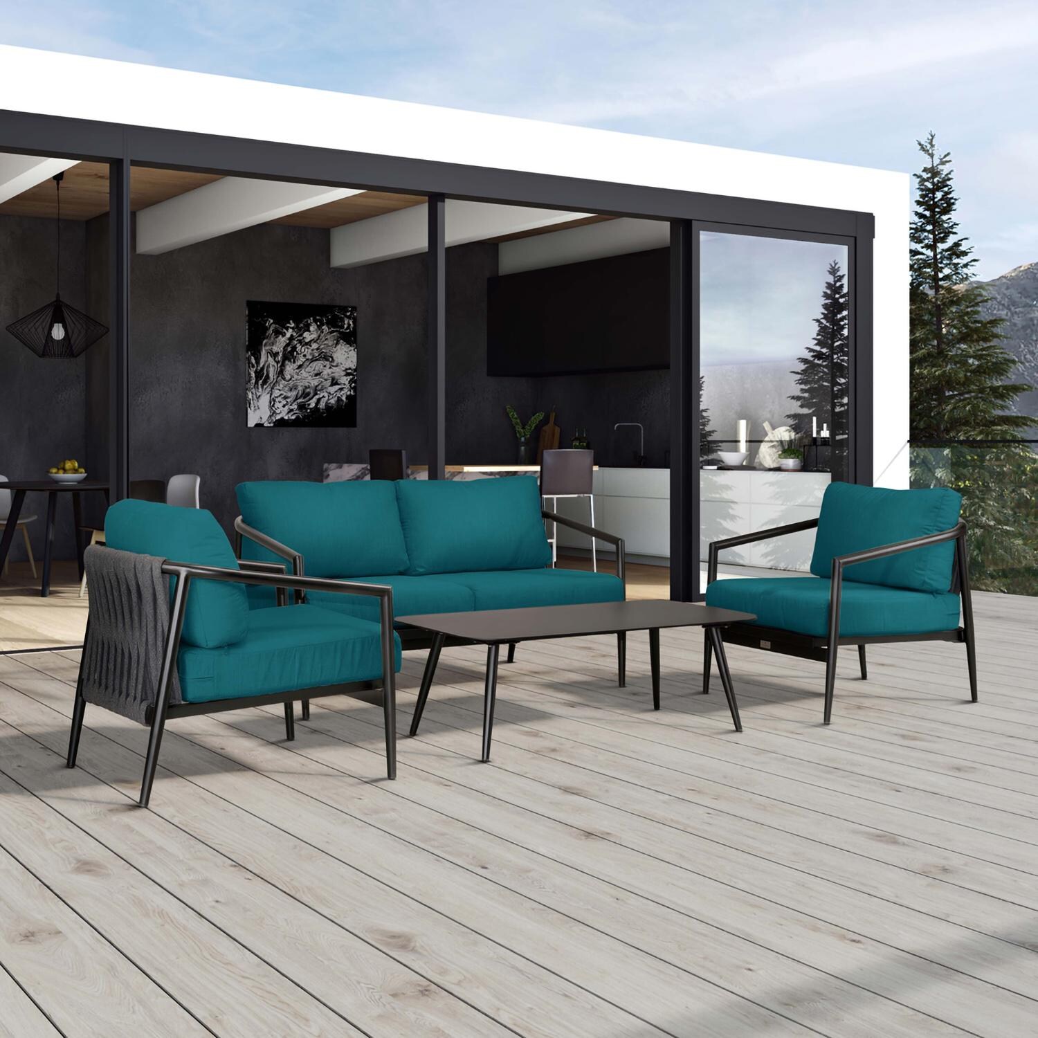 Lakeview Midnight Cove 4 Pc Aluminum Loveseat Seating Set in Black/Carbon/Spectrum Peacock - Detail - Lifestyle thumbnail