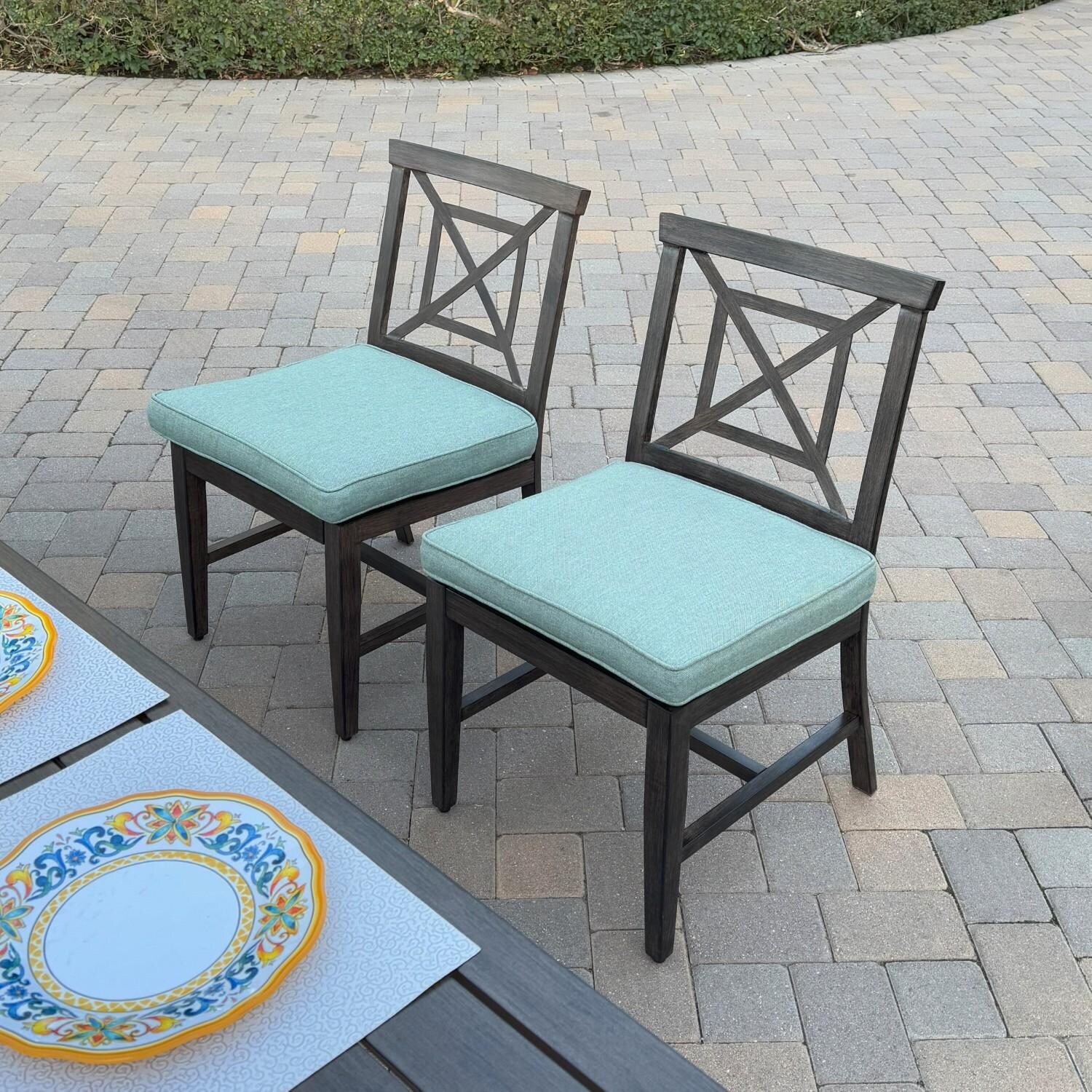 Atlantis 7 Pc Aluminum Dining Set w/ 4 Dining Side Chairs & 2 Two Person Benches in Walnut/Spa by Darlee - Chairs At Table - Lifestyle thumbnail