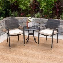 Gentilly 3 Piece Wicker Patio Bistro Set W/ 21 Inch Square Table & Sunbrella Canvas Antique Beige Cushions By Lakeview Outdoor Designs image