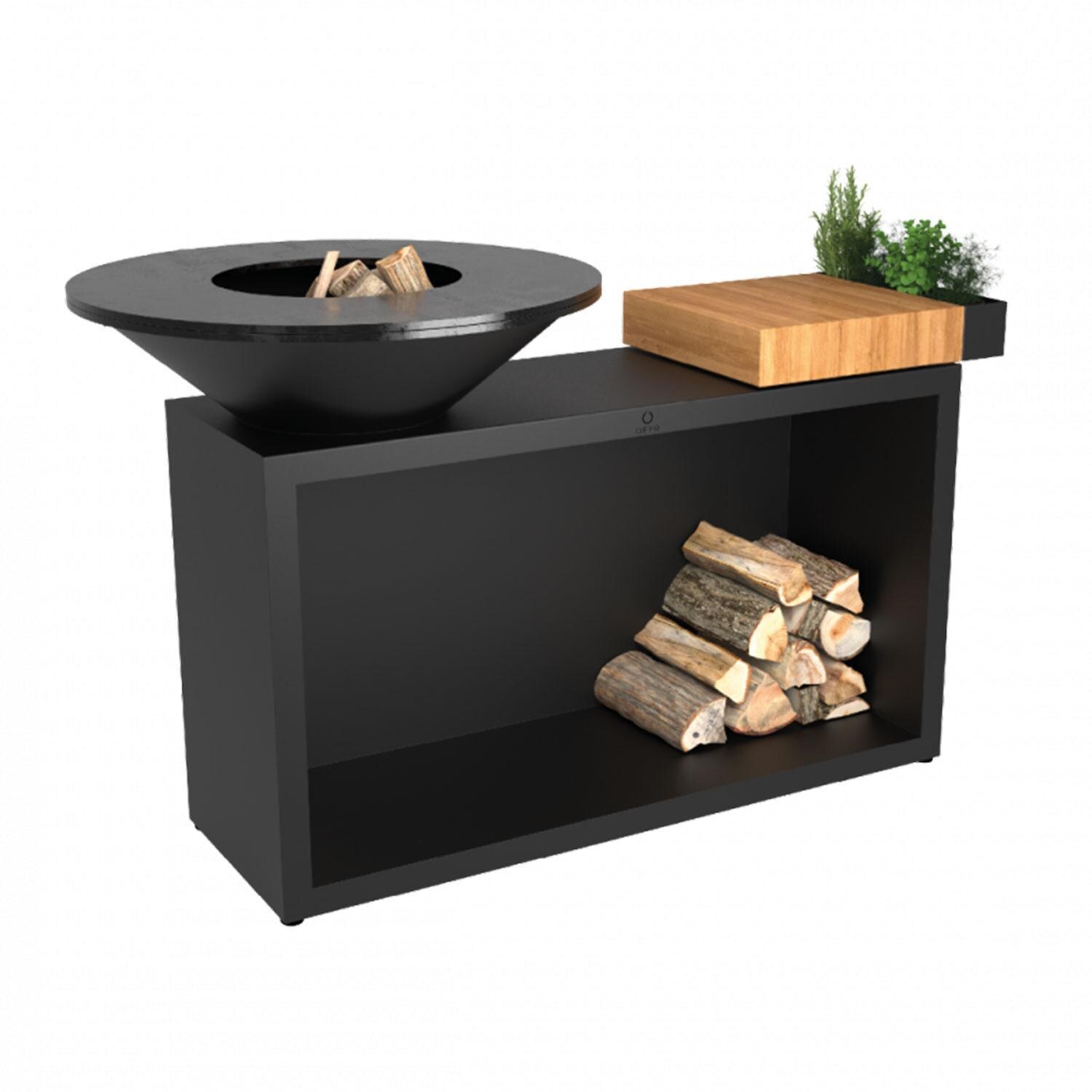 OFYR Island Black 85 Teak Wood 35 Inch Wood-Fired Flat Top Grill - OIB-85-TW