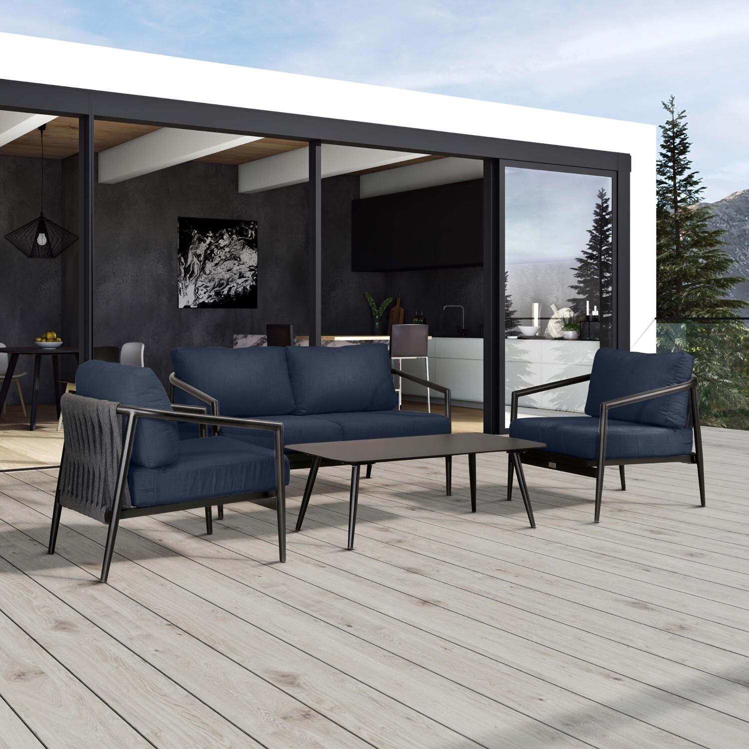 Lakeview Midnight Cove 4 Pc Aluminum Loveseat Seating Set in Black/Carbon/Spectrum Indigo - Detail - Lifestyle thumbnail