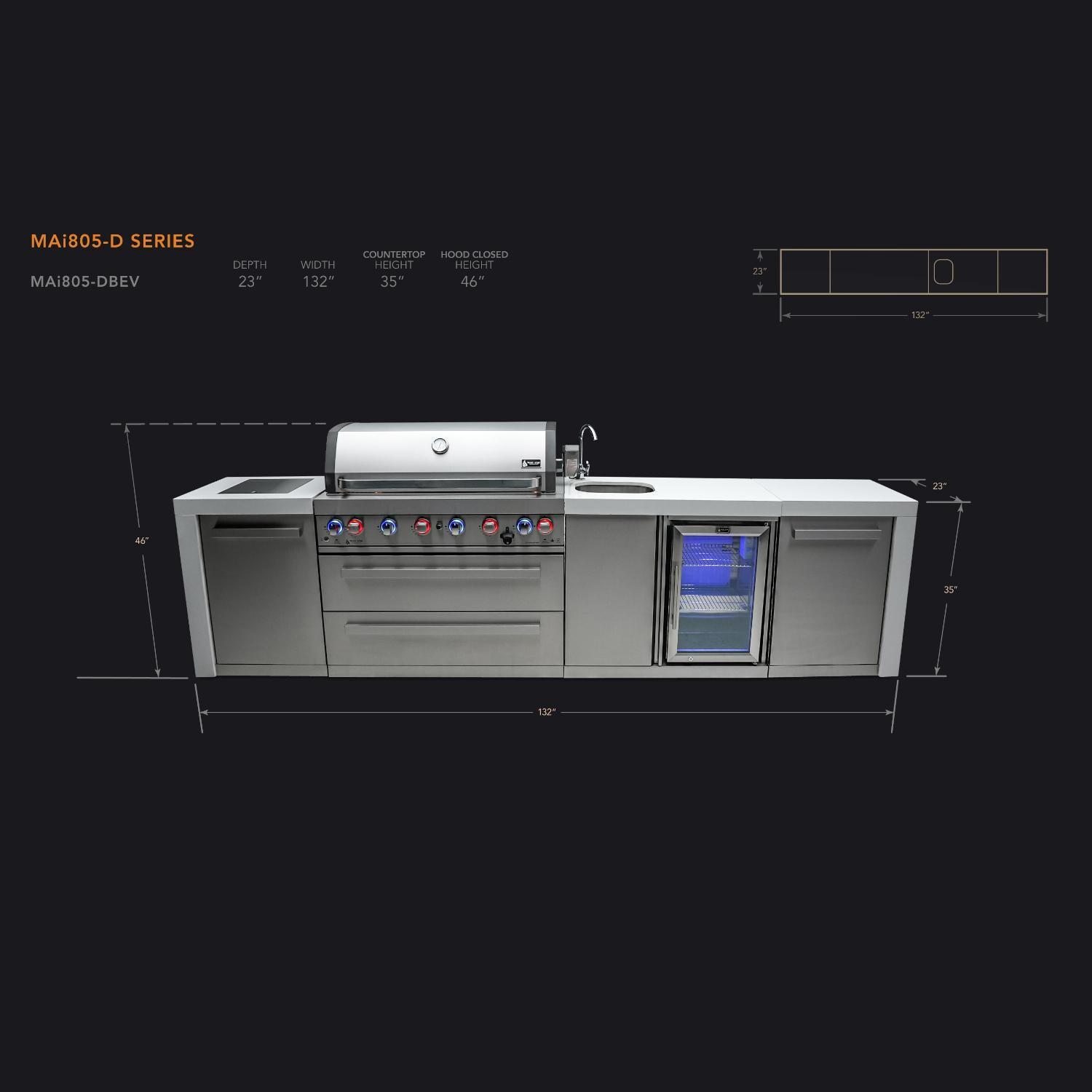 Mont Alpi MAi805-DBEV Deluxe Natural Gas Island Grill W/ Beverage Center - Dimensional thumbnail