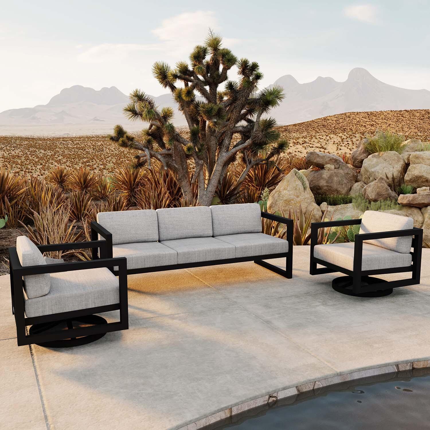 Misty Cove 3 Pc Aluminum Sofa Seating Set w/ Swivel Chairs in Black/Cast Silver by Lakeview Outdoor Designs - Angled - Lifestyle thumbnail