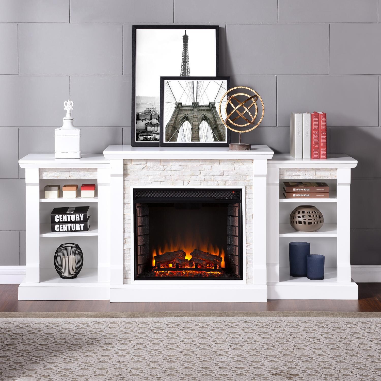 Southern Enterprises Gallatin 71-Inch Electric Fireplace W/ Bookcases - White W/ White Faux Stone - FE8526 thumbnail