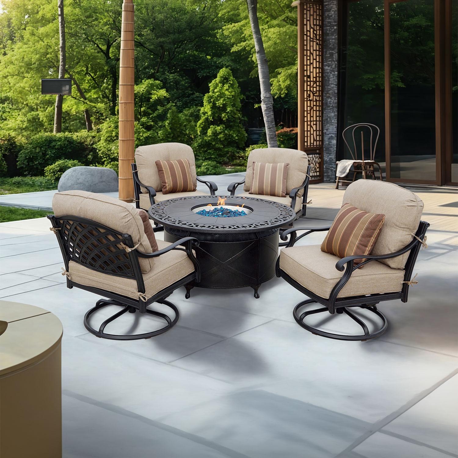 Darlee Nassau 5-Piece Patio Propane Fire Pit Rocker Club Conversation Set with Cushions and 47 Inch Round Fire Pit Chat Table and Fireglass - Set - Lifestyle thumbnail