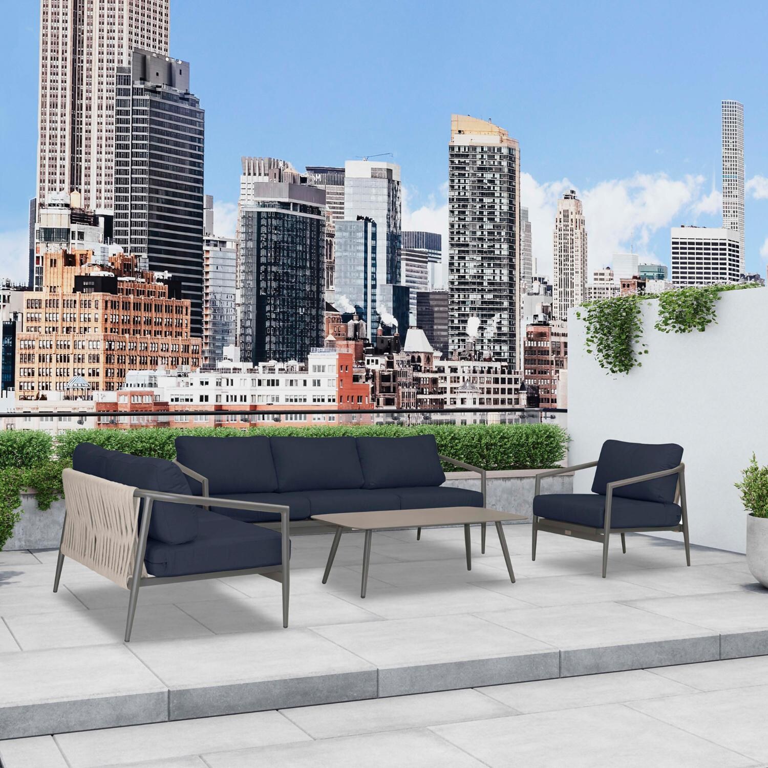 Lakeview Midnight Cove 4 Pc Aluminum Sofa Loveseat Seating Set in Slate/Pebble Gray/Spectrum Indigo - Angled - Lifestyle thumbnail