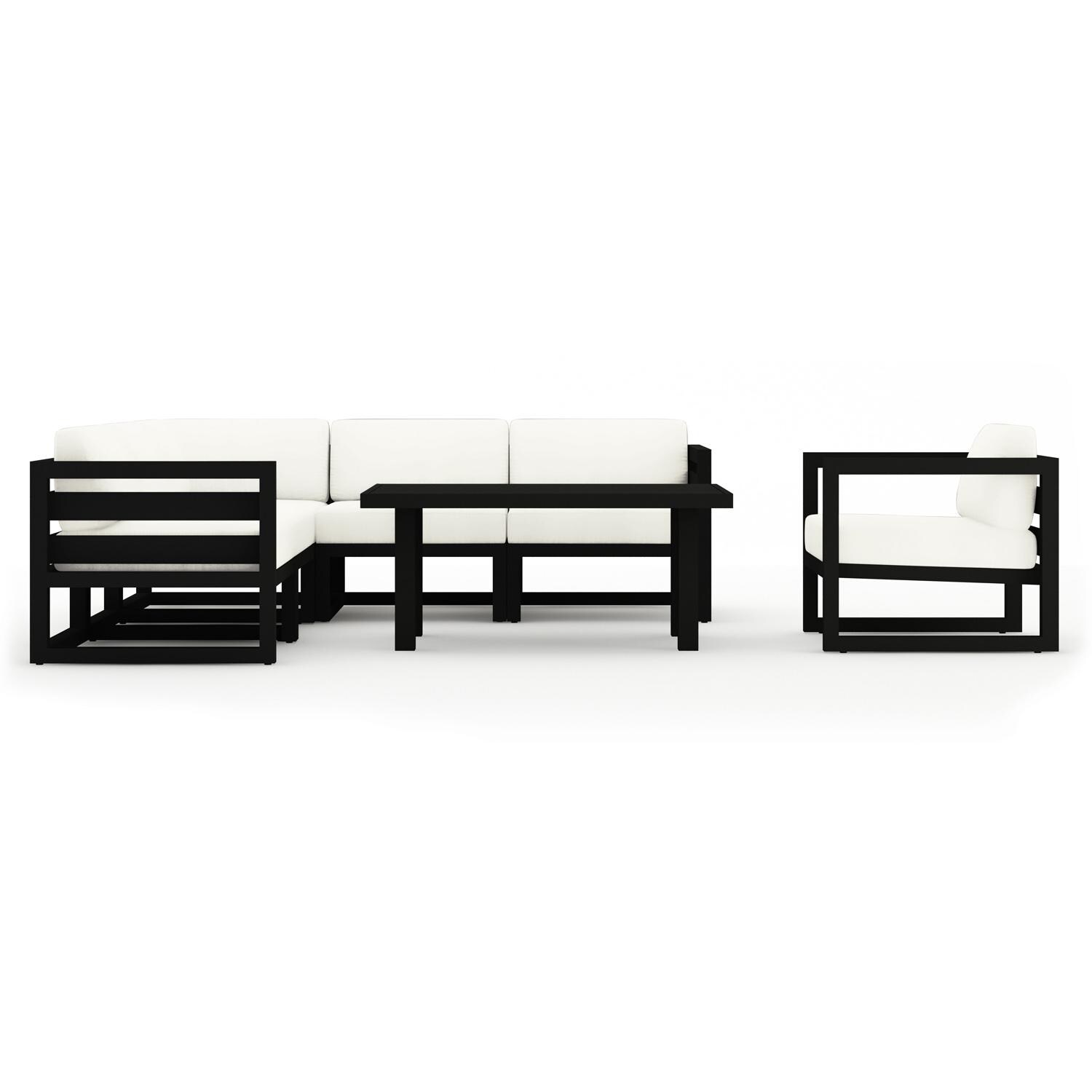 Misty Cove 7 Pc Aluminum Seating Set w/ Sectional & Classic Chat Table in Black/Canvas Natural by Lakeview Outdoor Designs