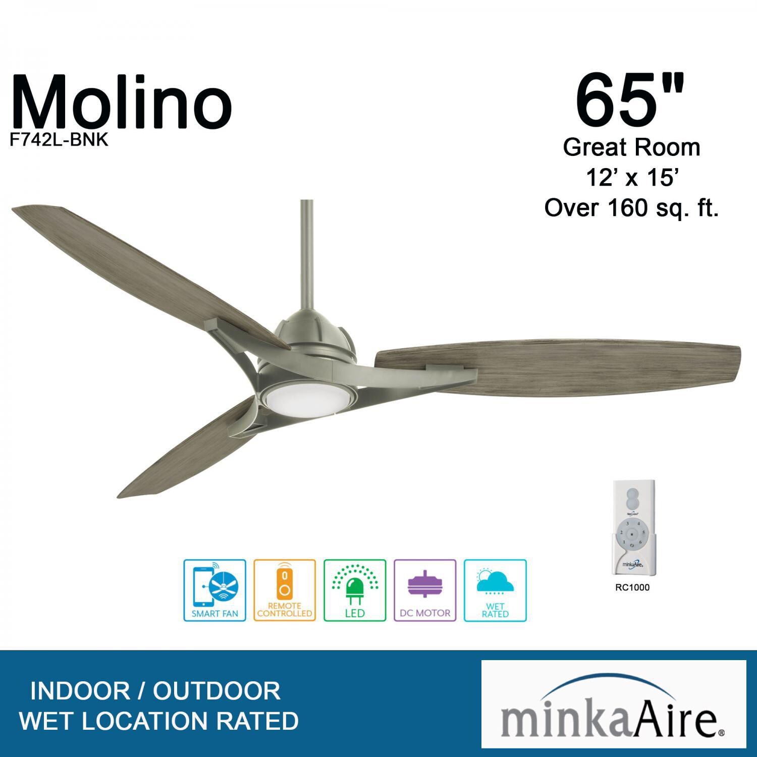 Minka-Aire F742L-BNK Molino 65-Inch 3-Blade LED Smart Ceiling Fan in Burnished Nickel Finish w/ Seashore Grey Blades & Etched White Glass - Overview thumbnail